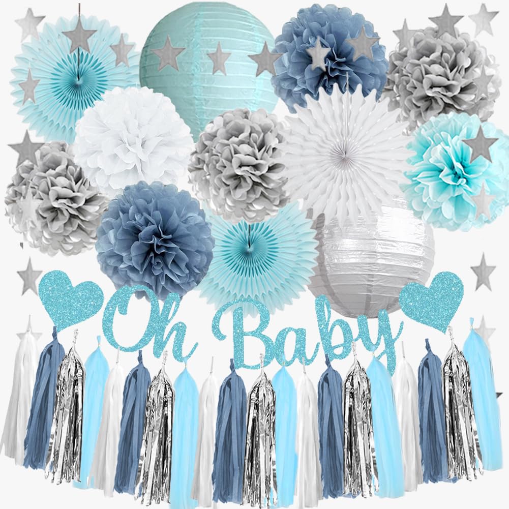 Dusty Blue Baby Shower Decorations Blue White Silver Oh Baby Boy Shower Decorations Dusty Blue and White Pastel with White Paper Fans Poms Lanterns with Tassel Garland for Boy
