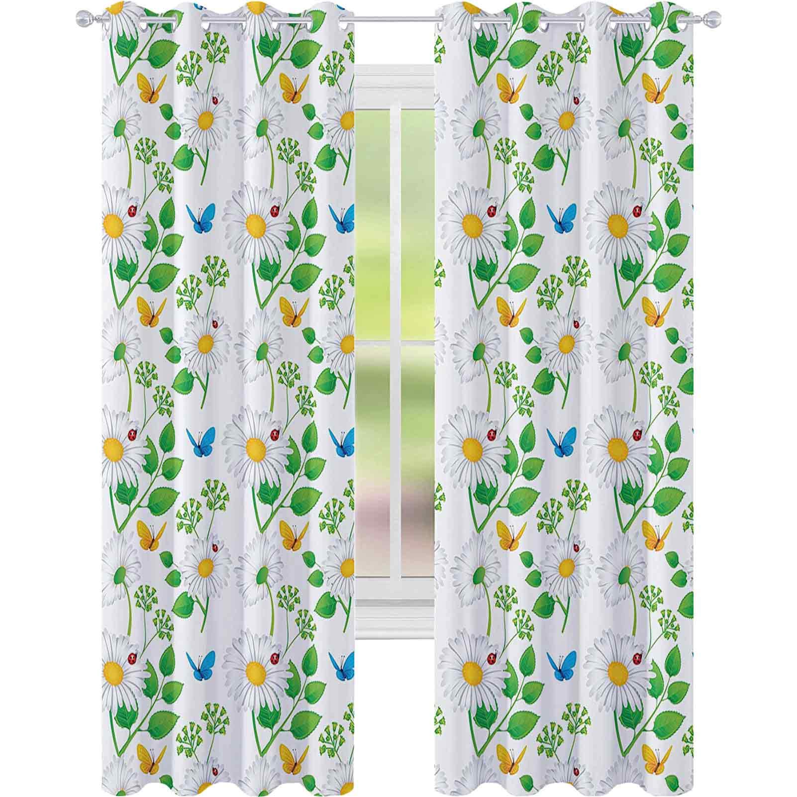 Room darkened insulation grommet curtain, Macro Chamomiles and Ladybugs Illustration Playful Magic Spirits of the Nature, W52 x L63 Window Curtain for Living Room, White Green