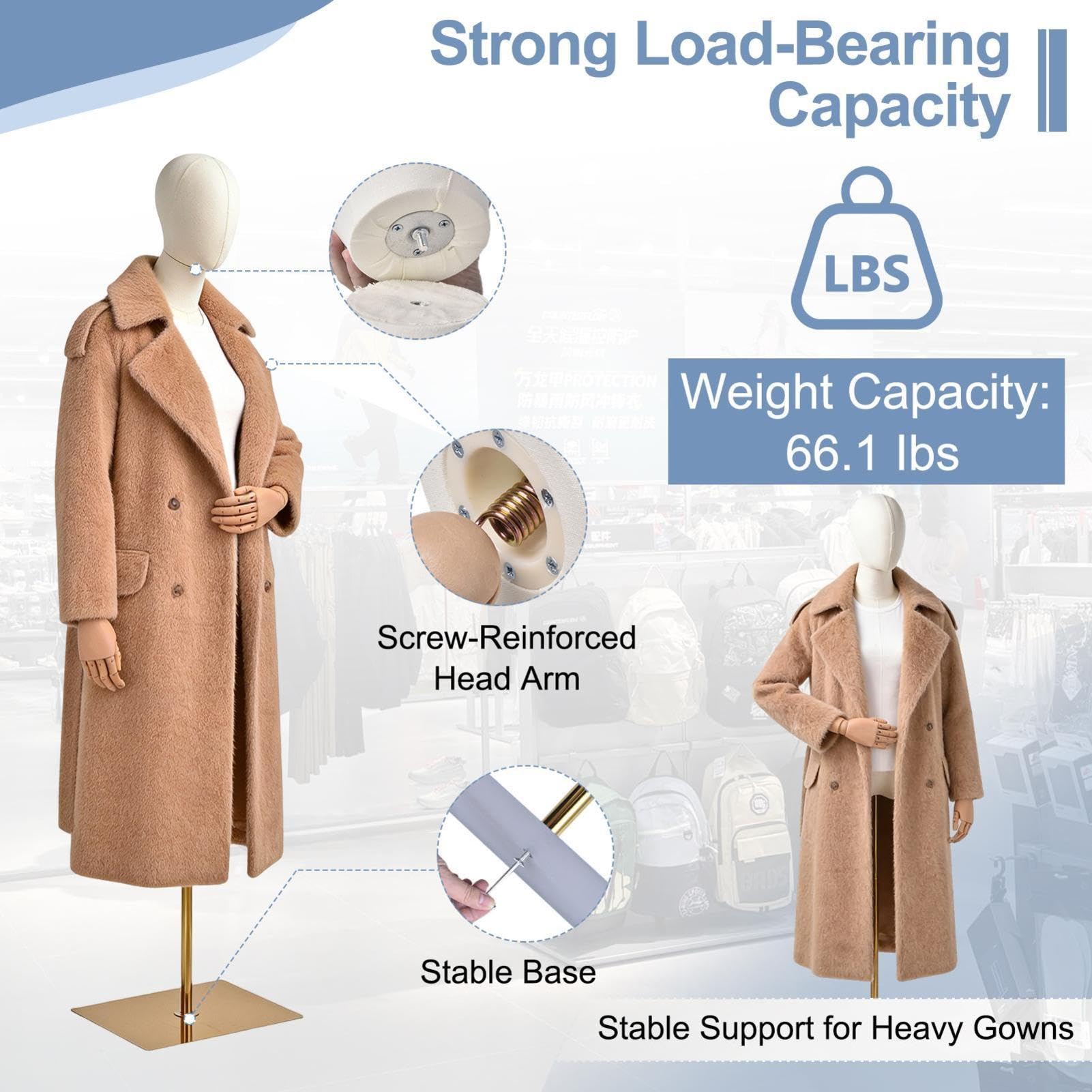 Mannequin de vitrine féminin réglable avec bras et support en métal, capacité de 30 kg, mannequin pour femme, homme, enfant, mannequin réglable pour boutique, couture, magasin de mode et vitrine