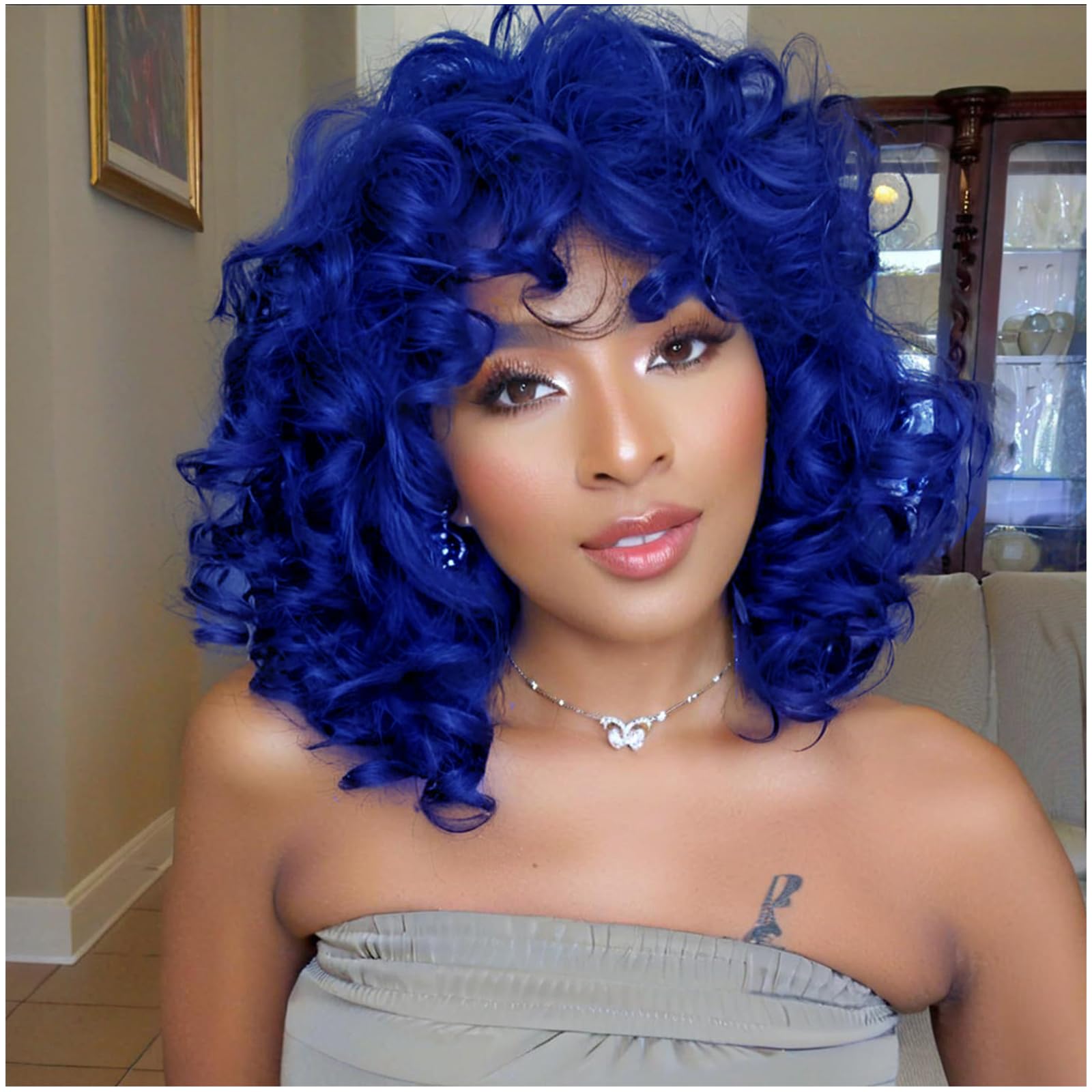 Lotfon Short Curly Wig with Bangs for Black Women – Synthetic Hair Wig, Ideal for Cosplay, 70s & 80s Retro Parties, and Daily Wear (Blue)