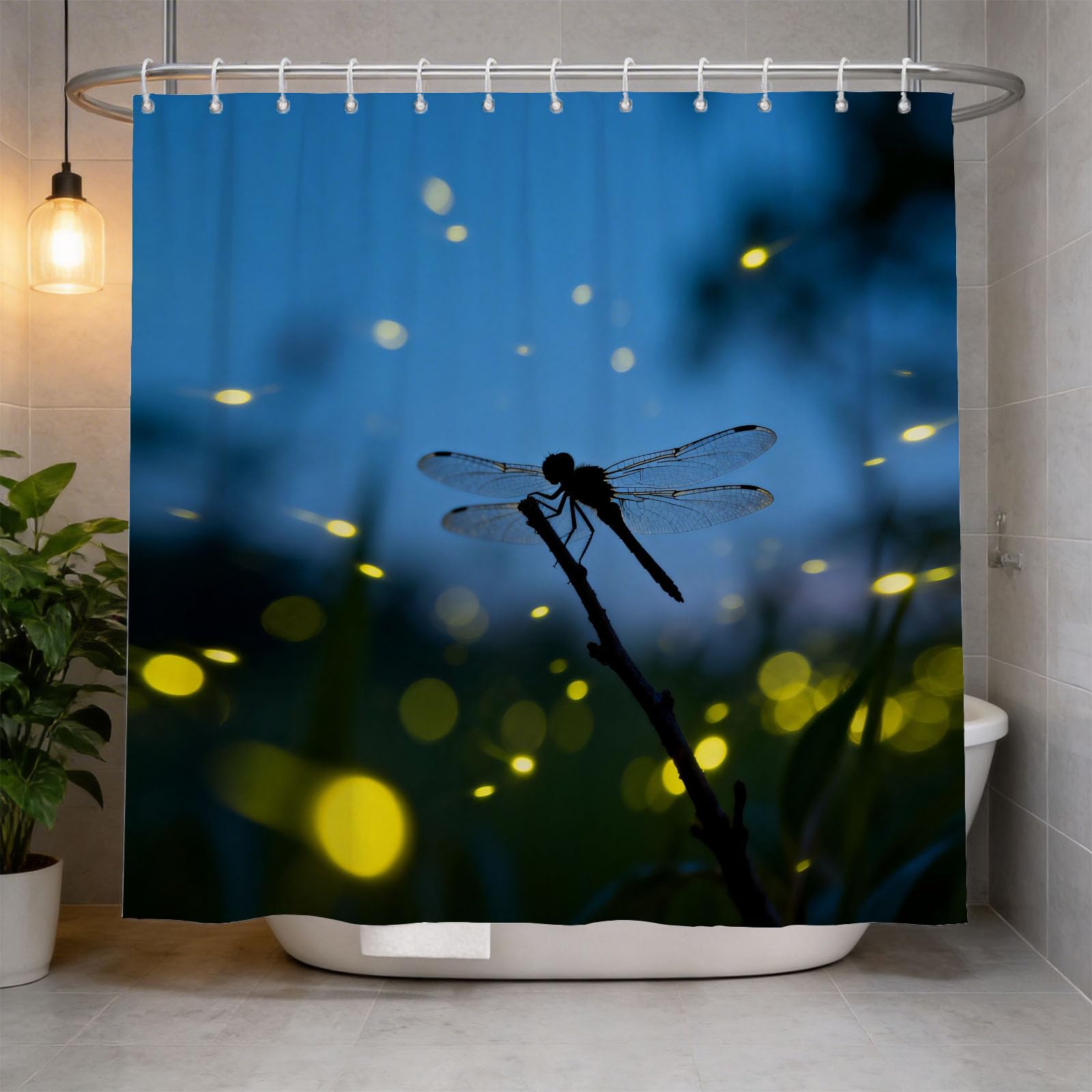 Hongduo 3D Dragonfly Silhouette Shower Curtain for Stalls Bathtubs Romantic Theme Bathroom Decor Shower Curtain Set Polyester Fabric Waterproof 120x180cm/48X71 Inch with Hooks