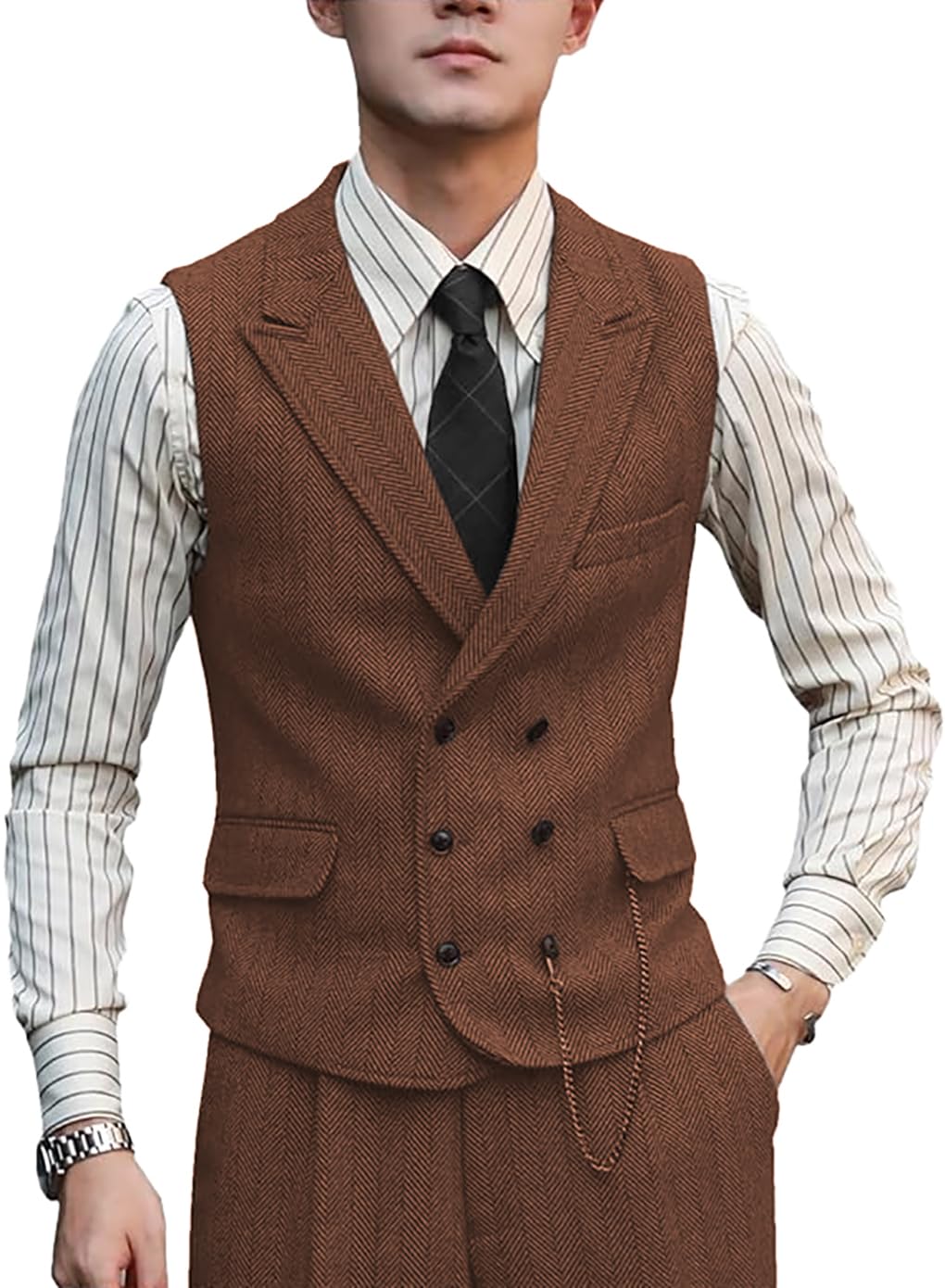 Zeattall Men Vests Wool Herringbone Tweed Suit Vest Double Breasted Waistcoat, Orange, XX-L