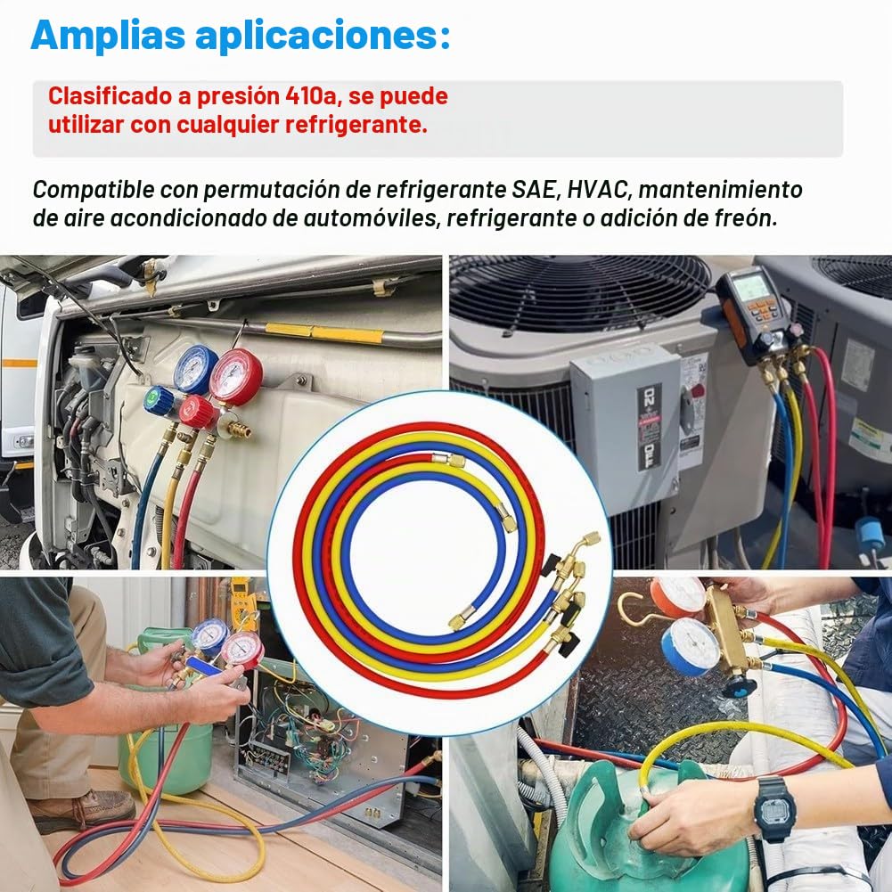 Mangueras de Carga de Refrigerante A/C de 1,6 M con Válvulas de Bola HVAC 1/4 Pulgada SAE Aptas para la Adición de Refrigerante R134A R12 y Aire Acondicionado