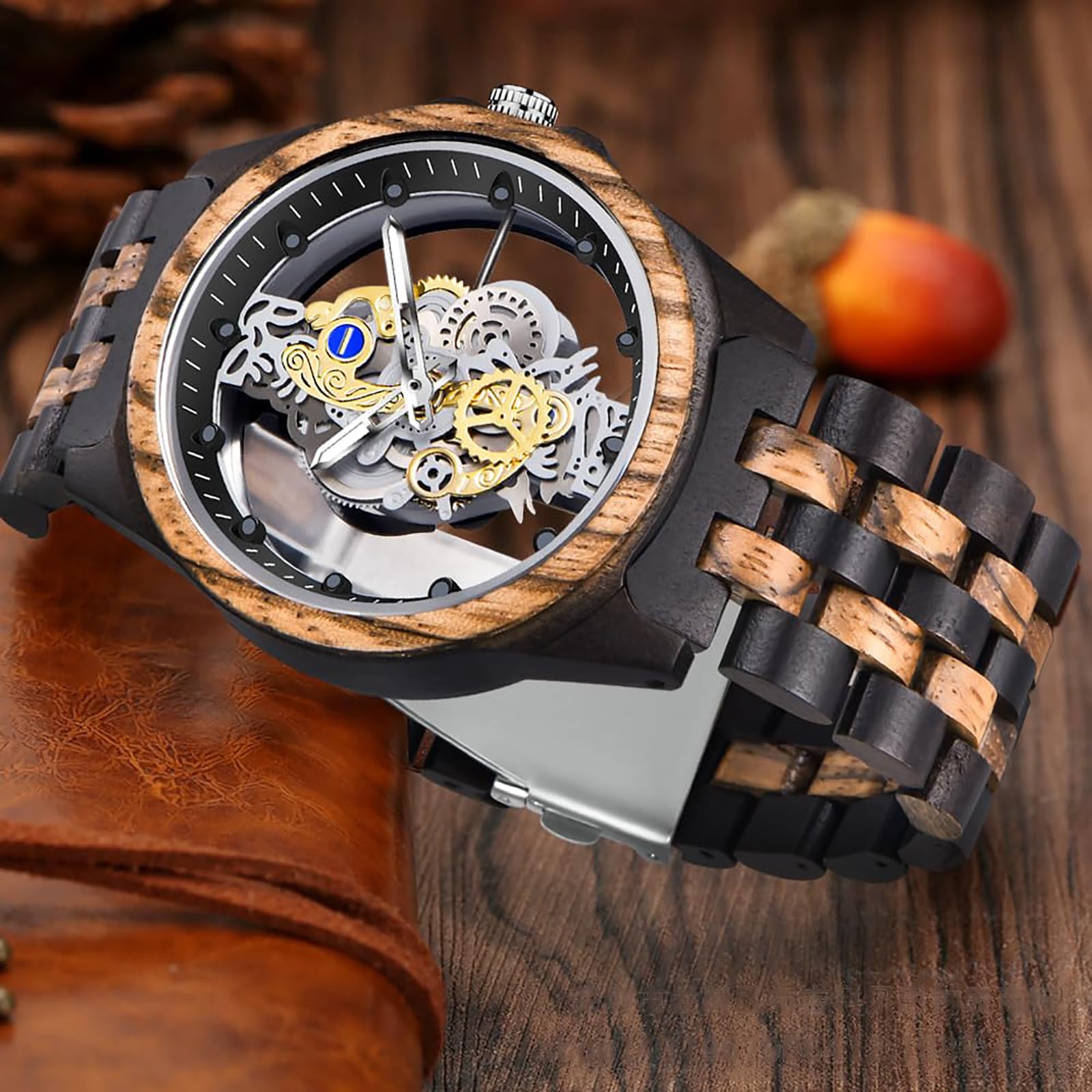 Tiong Orologio da uomo in legno da donna Orologio da polso al quarzo analogico in legno di bambù colorato fatto a mano