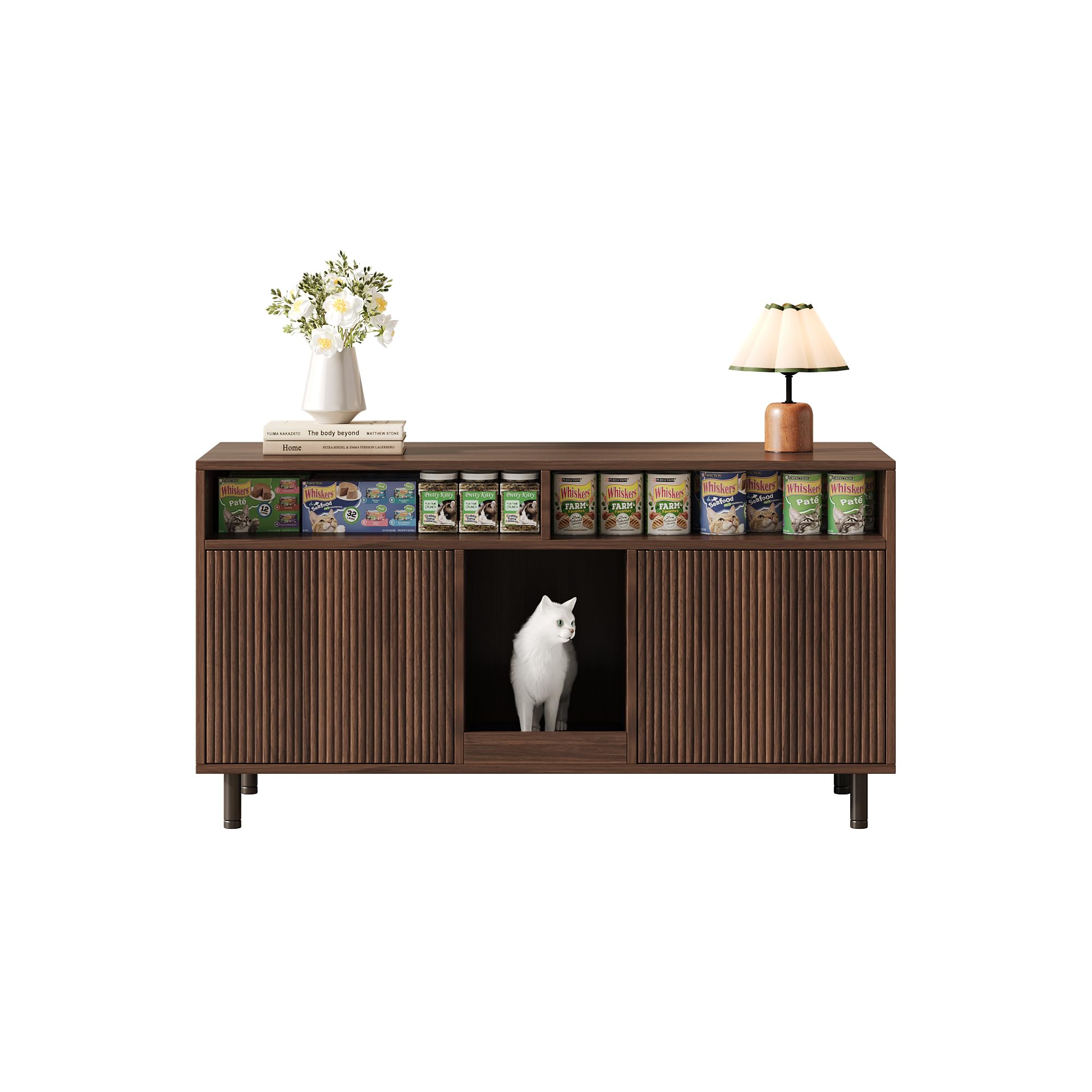 Katzentoiletten-Schrank/Katzenstreuwanne-Schrank mit Sandauffangmatte, Haustier-Schrank mit Ablage, Haustier-Sideboard/TV-Schrank, ohne Katzenstreuwanne, 120x50x66cm, Nussbaumfarbe