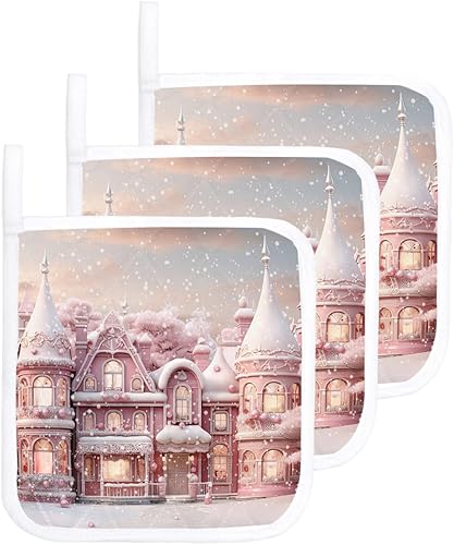 3 Packs Christmas House Pot Holders Sets for Kitchen,Oven Pan Plate Bowl Pads Heat Proof Mat with Hanging Loop,Thick Terry Cloth Potholders Non Slip