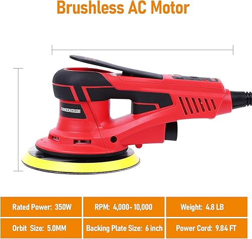 Miniatura 4 de PioneerWorks Lijadora orbital aleatoria eléctrica, motor sin escobillas potente 350W, 10000 RPM, 6 pulgadas para carpintería de grado profesional,
