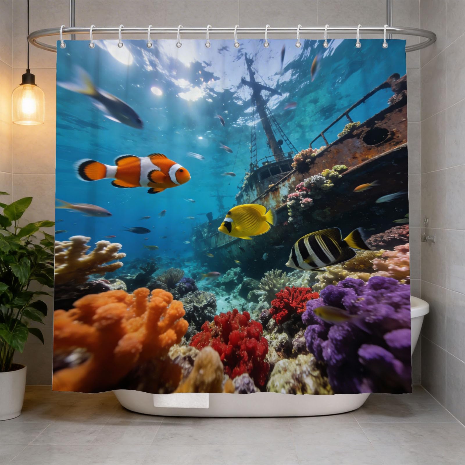 Hongduo 3D Underwater Sunken Ship Shower Curtain for Stalls Bathtubs Clown Fish Bathroom Decor Shower Curtain Set Polyester Fabric Waterproof 180x200cm/71X79 Inch with Hooks