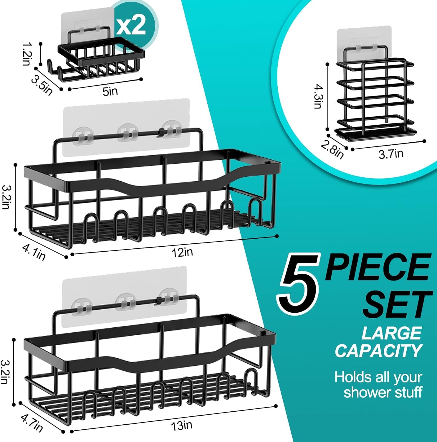 Snazzy Shower Caddy 5 Pack,Adhesive Shower Organizer for Bathroom Storage&Home Decor&Kitchen,No Drilling,Large Capacity,Rustproof Stainless Steel Bathroom Organizer,Shower Shelves for Inside Shower 3