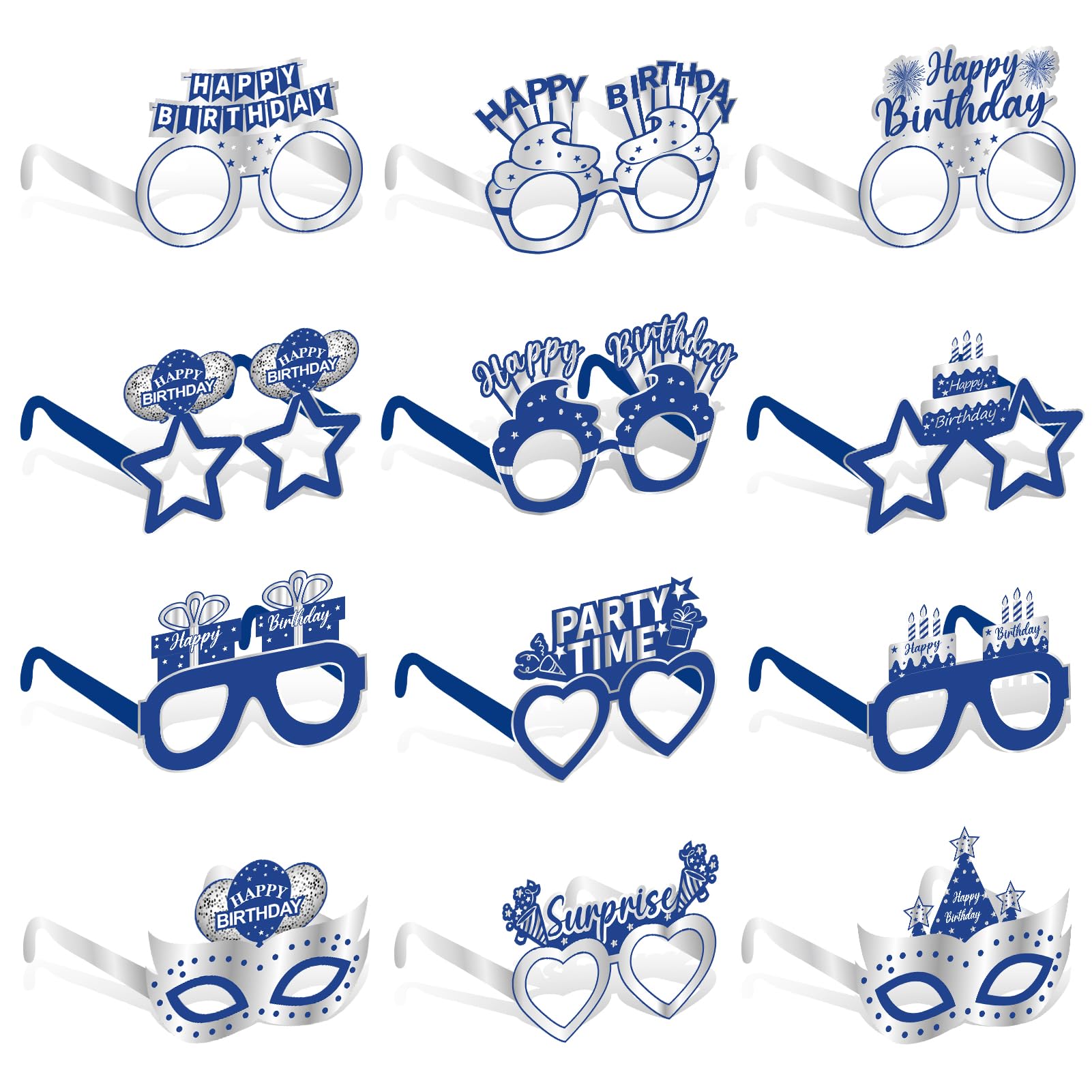 Kuxriox 24Pcs Blue Happy Birthday Eyeglasses Decorations for Men Boys, Blue Silver Happy Birthday Paper Eyeglasses Party Supplies, 16th 18th 21st 30th 40th 50th 60th Birthday Glasses Decor