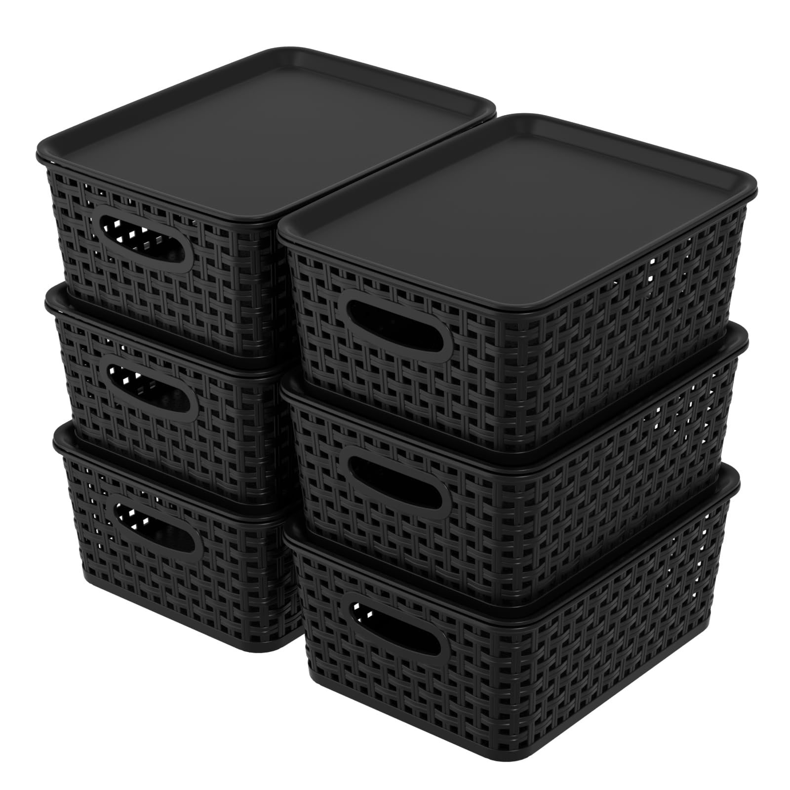 Begale Set of 6 Plastic Storage Baskets with Lids, Plastic Woven Storage Basket Bins, Stackable Lidded Storage Bins for Bathroom, Classroom, Black
