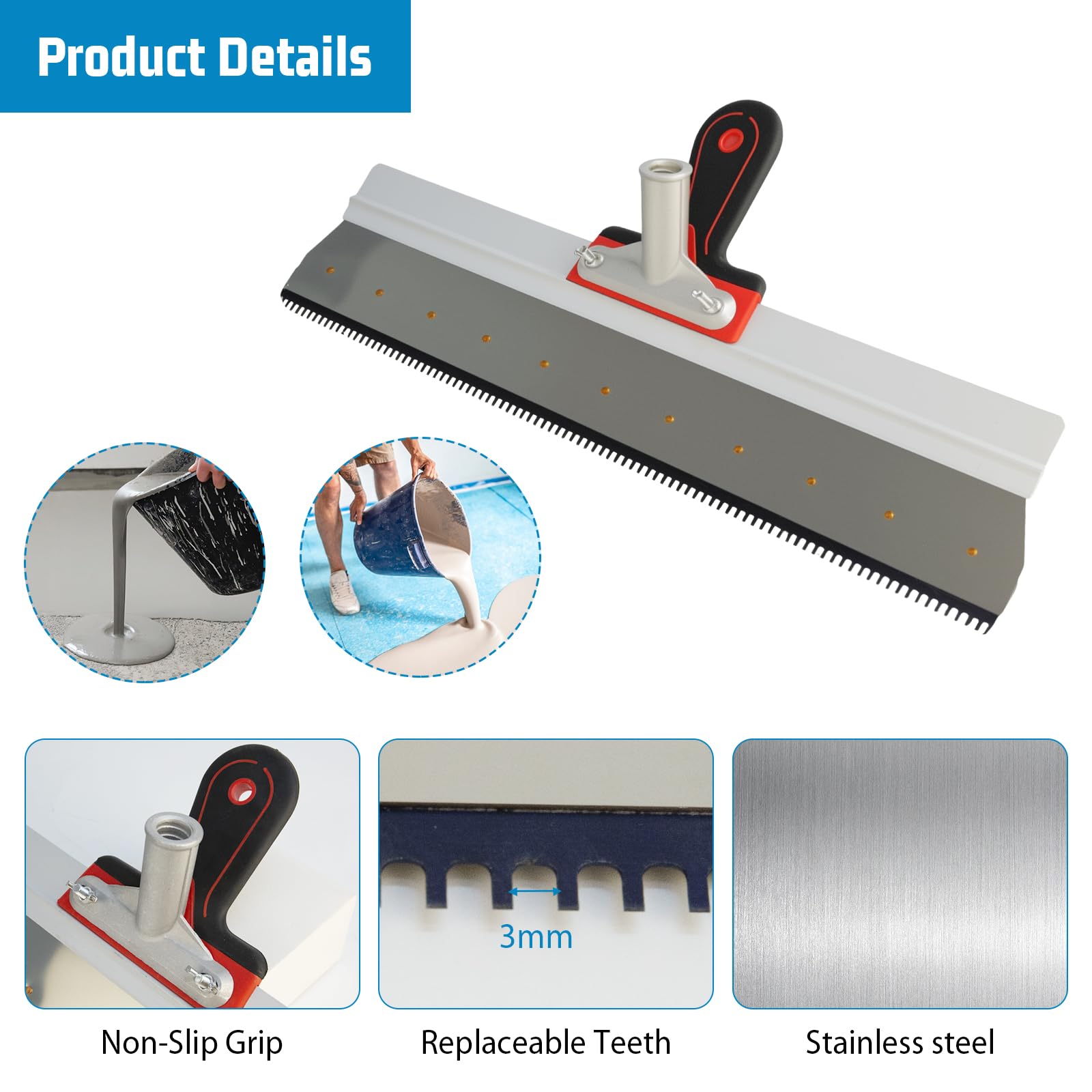 Spatola Dentata 56 cm in Acciaio Inox, Frattazzo per Stucco | Ideale per applicare intonaco, rasante e cemento autolivellante, con impugnatura ergonomica per un controllo preciso