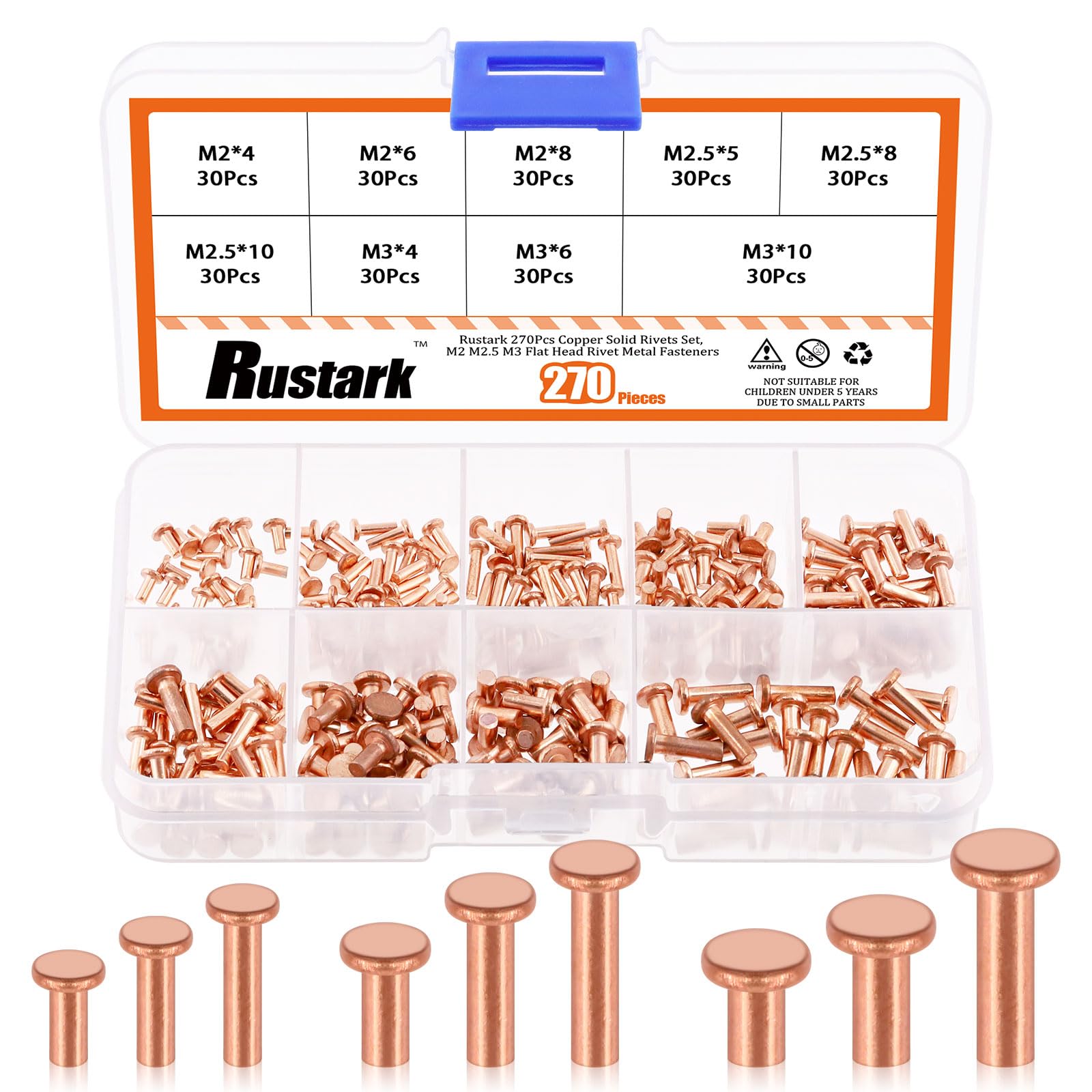 Snapklik.com : 270Pcs M2 M2.5 M3 Copper Solid Rivets Flat Head Copper ...