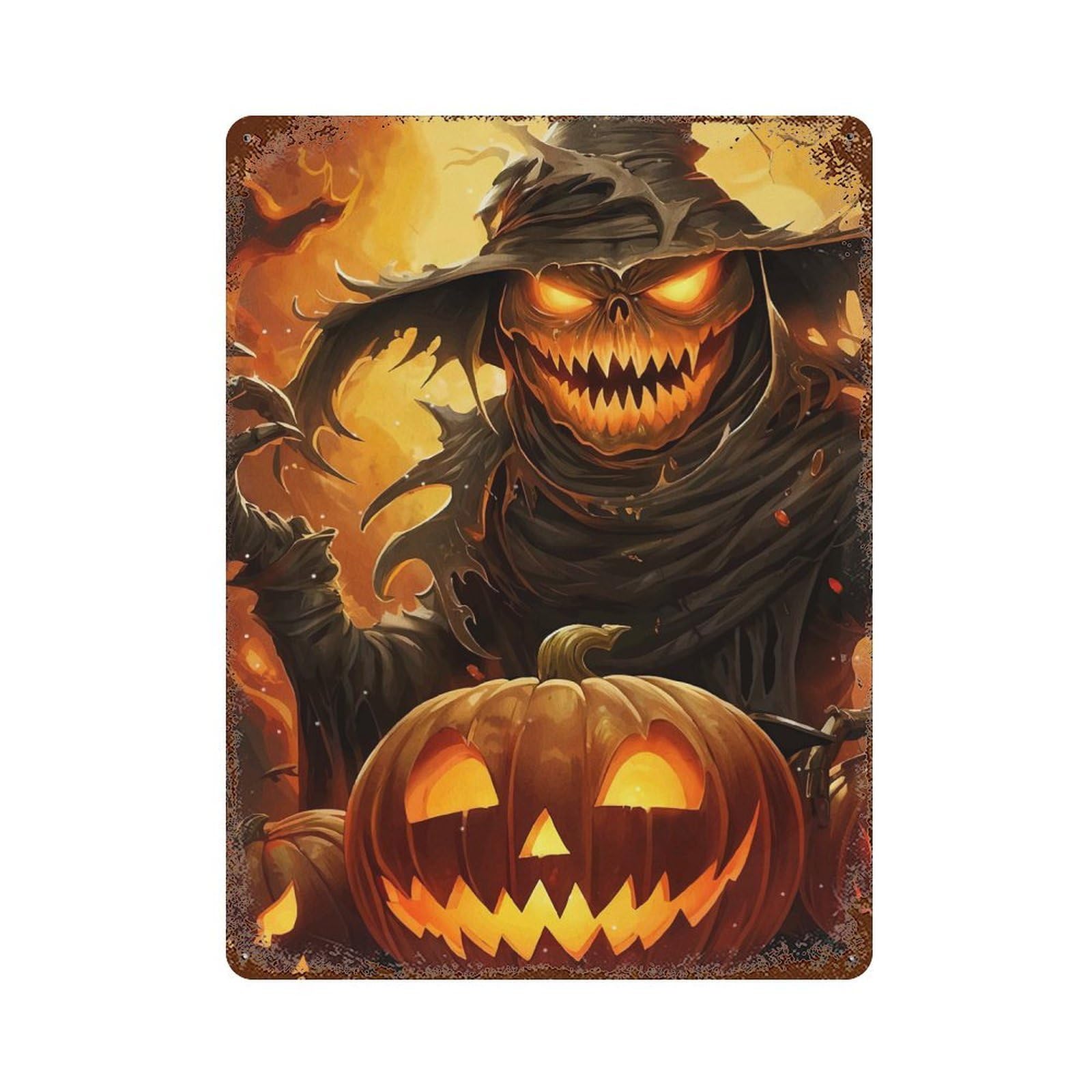 Rust Effect Scary Halloween Scarecrow Pumpkins Aged Metal Wall Plaque 15.7"x11.8", Old School Wall Decor for Patio, Garden Room And Bar Decor