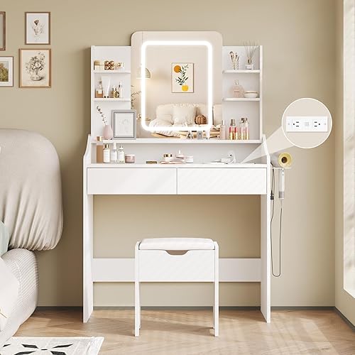 Vabches Vanity Desk with LED Mirror, Makeup Vanity with Power Outlet, 3 Lighting Modes Dressing Table with 2 Drawers & Hair Dryer Holder, for Bedroom Dressing Room, Women Girls White