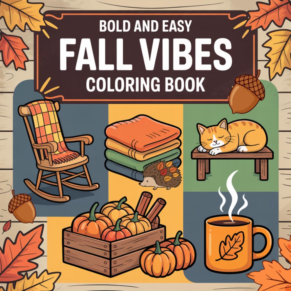 Bold and Easy Fall Vibes Coloring Book: 50 Cozy Autumn Designs for Relaxation | Pumpkins, Fall Leaves, Warm Drinks, Cute Animals & Seasonal Scenes