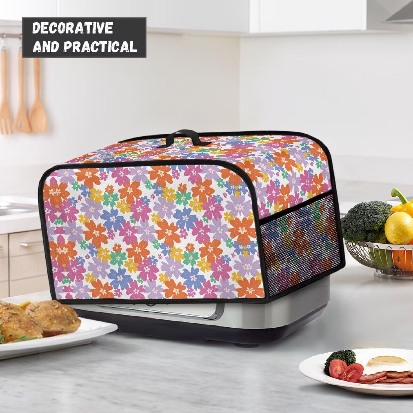 Annejudy Hippie Flower Pattern Slow Cooker Cover Portable Insulated Slow Cooker Protection Cover with Top Handle and Side Pockets Washable Sofy Fabric Compatible with Most Slow Cooker