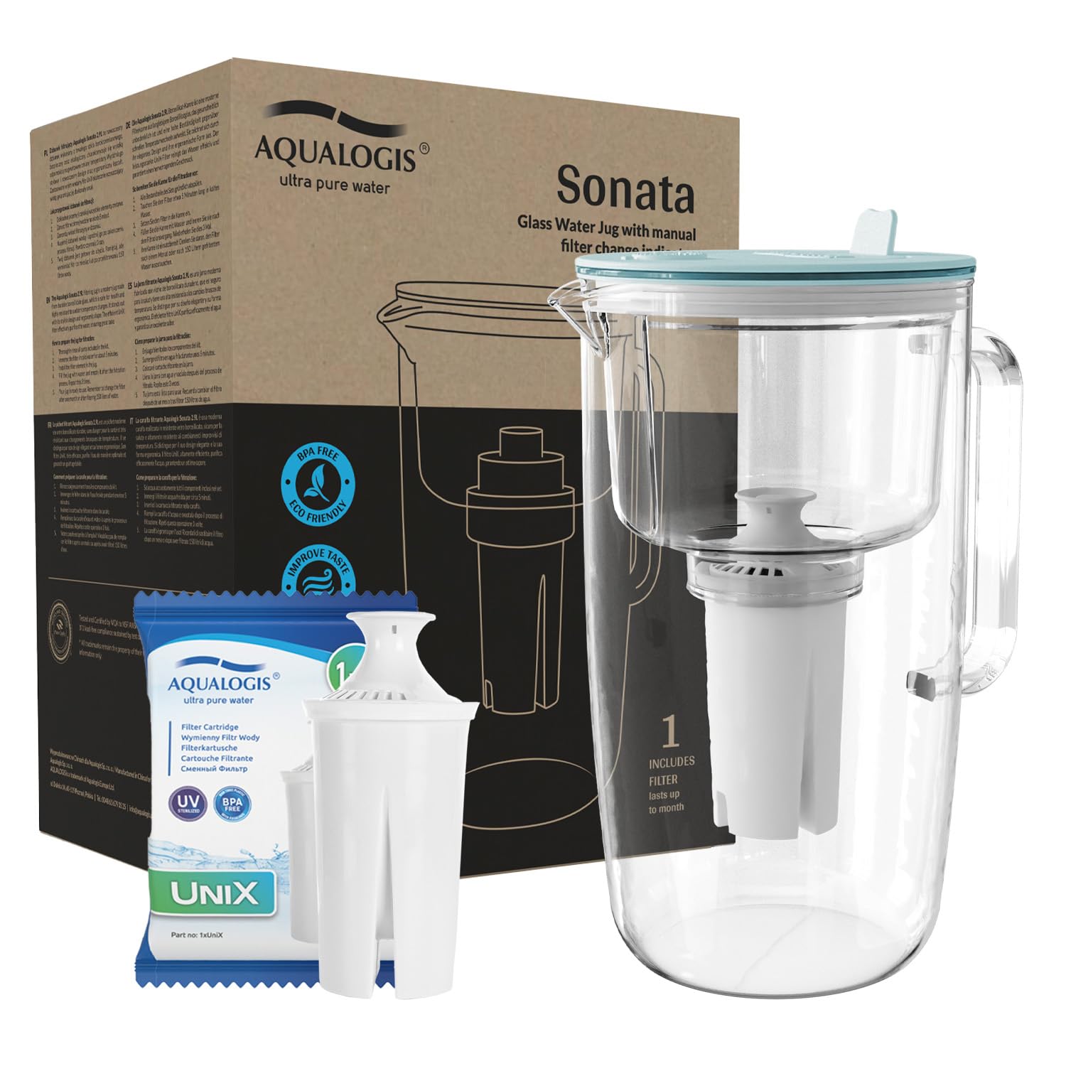 Aqualogis Sonata 2.9L Caraffa Filtrante in Vetro Borosilicato - Include 1 Cartuccia UniX - Celeste - Riduce Calcare, Cloro e Odori - Design Elegante e Moderno