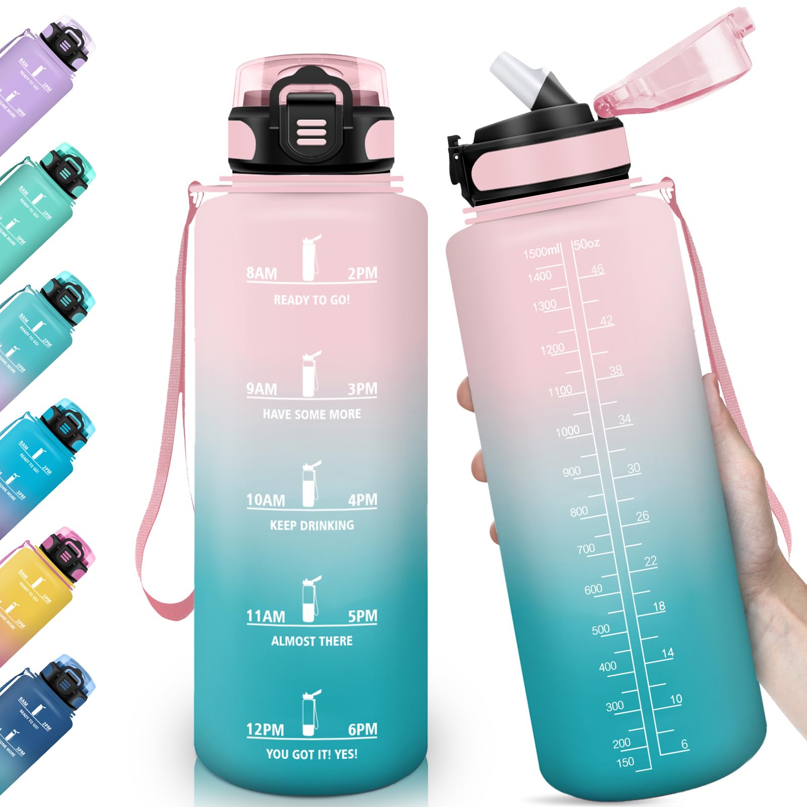 HoneyHolly Water Bottle, 1500ML Durable Motivational Water Bottle, Reusable, Drinking Bottle with Straw, Leak-proof Water Bottle for School, Gym, Office, Camping, Sports