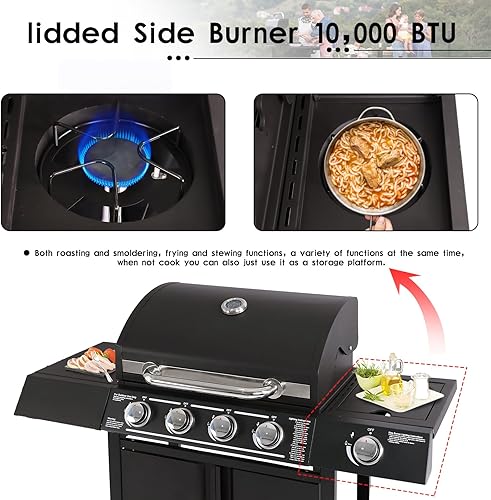Miniatura 4 de LEISU Parrilla de gas propano de 4 quemadores con quemador lateral y rejillas de hierro fundido, parrilla de salida de 50,0000 BTU para cocina,