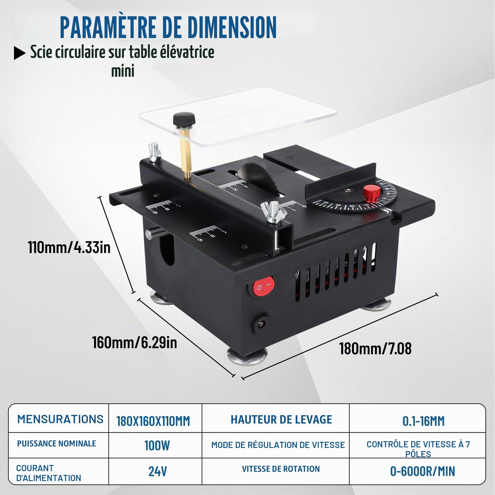 ConBlom Mini scie de table, 100 W, 7 vitesses, angle de coupe 0-90°, profondeur de coupe de 16 mm, idéale pour le bricolage, l'artisanat, le travail du bois