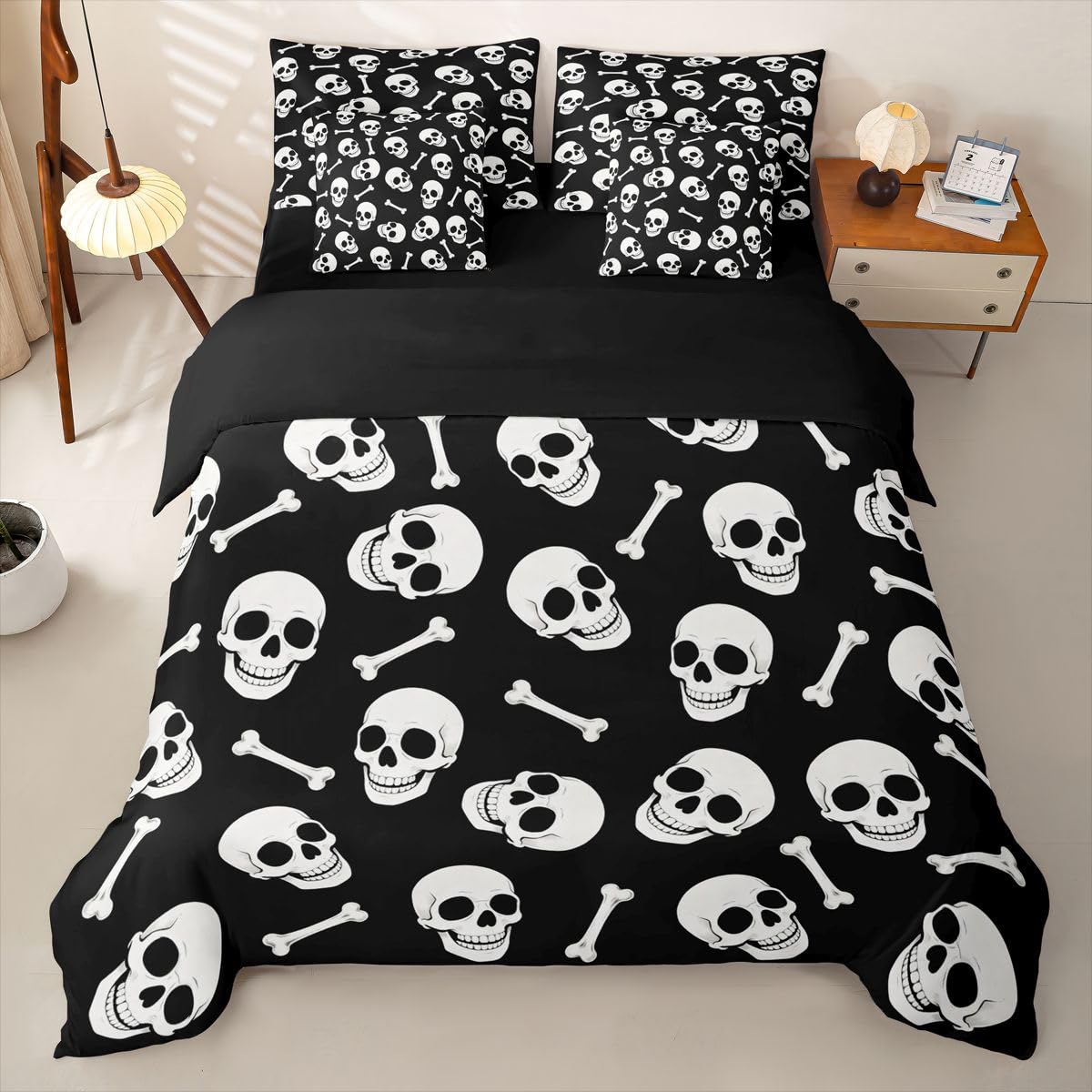 Loussiesd Biało-czarna poszewka na kołdrę super king size 7 sztuk zestaw pościeli z czaszką dla dzieci chłopców dziewcząt Halloween czaszka łóżko w torbie z poszewką na kołdrę, prześcieradła, poszewki