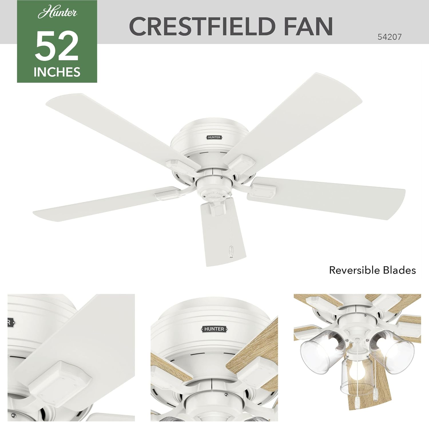 Hunter Fan Company, 54207, 52 inch Crestfield Fresh White Low Profile Ceiling Fan with LED Light Kit and Pull Chain