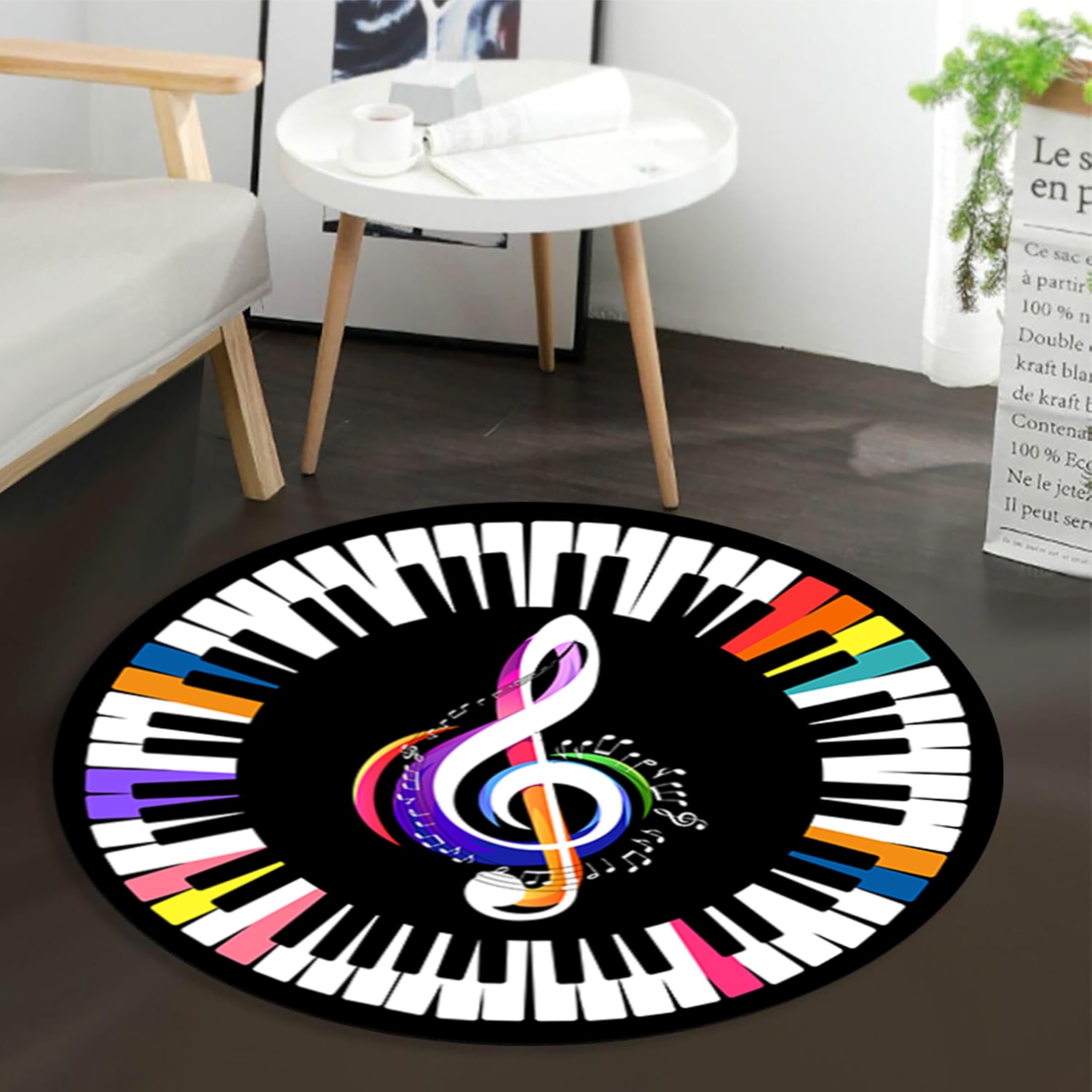 Music Round Area Rug,3.3ft,Colored Piano Keys,Non-Slip Floor Mat,Classroom Decor