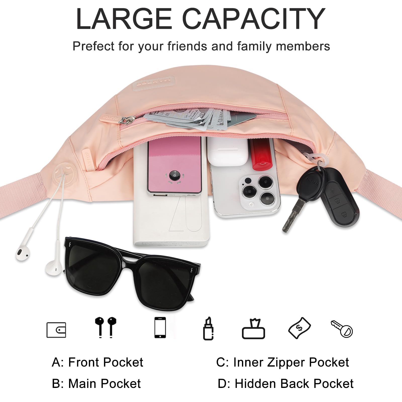 MAXTOP Marsupio grande per donna e uomo, marsupio con attacco per cuffie e 4 tasche con zip, cintura regolabile per ciclismo, corsa, jogging, viaggio, outdoor, allenamento