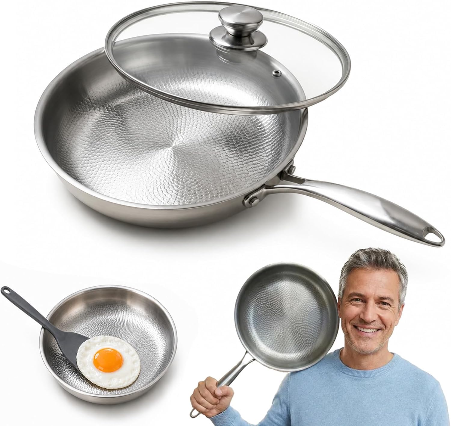 Bratpfanne Induktion, 20/22/24/26/28/30cm Titan Pfanne Unbeschichtet mit Deckel, Fischschuppenstruktur, Schmoren und Pfannenrühren, Pots und Pans Set für die Hausmannskost