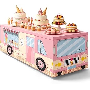 6 ft Ice Cream Truck Tablecloth, Washable, Reusable Polyester Tablecloth with Ice Cream Truck Motif for Children's Birthday, 