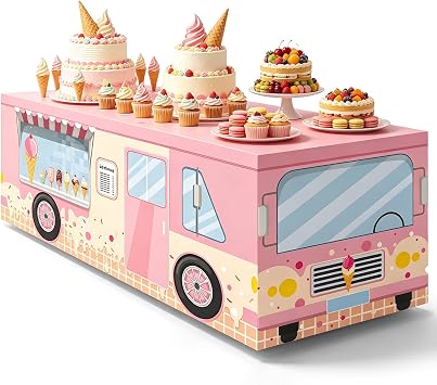 6FT Ice Cream Truck Tablecloth, Pastel Dessert and Sweet Treat Print Washable Reusable Fabric Table Cover for Kids Birthday Table Decor, Summer Party Supplies, and Ice Cream Bar Decorations