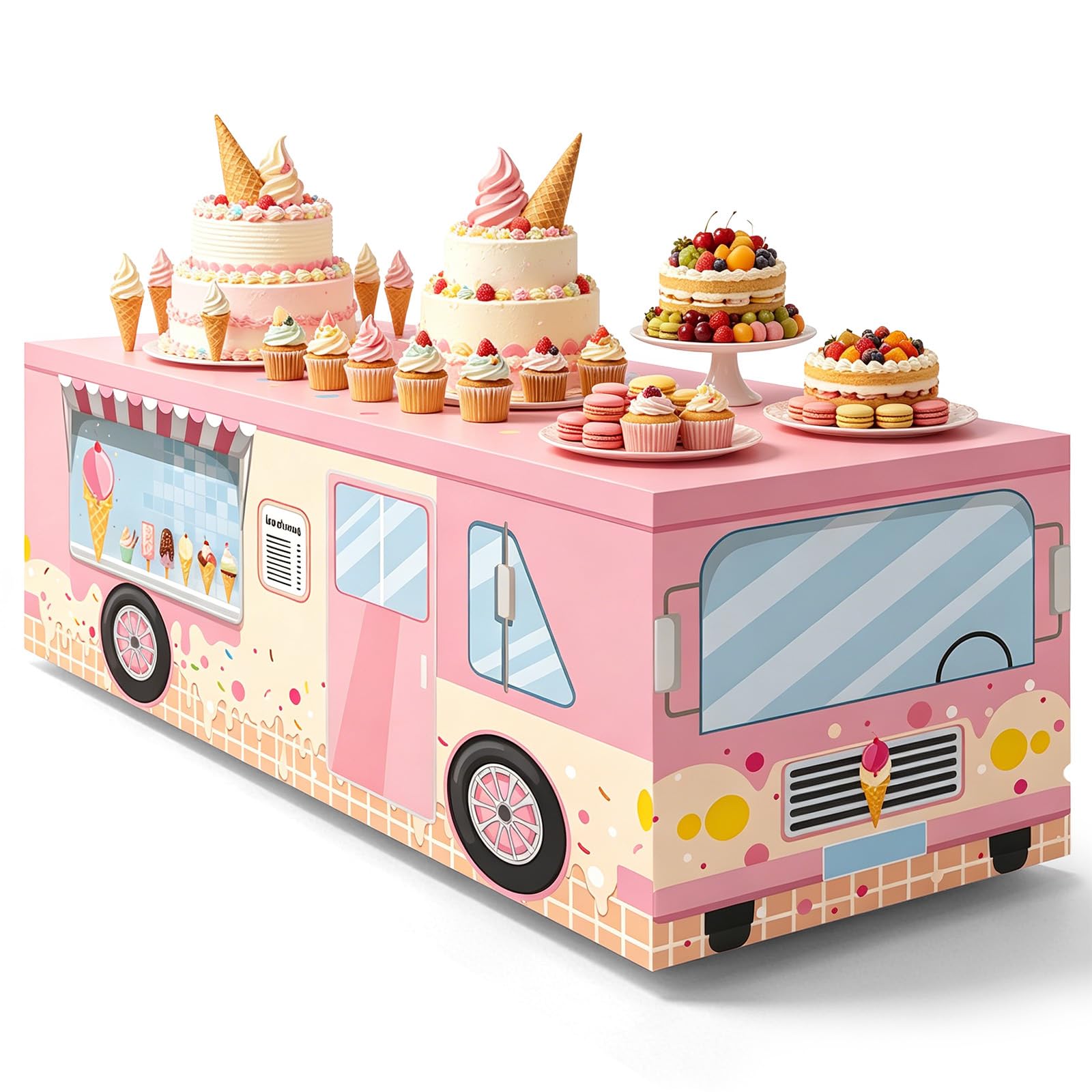 Jremreo 6FT Ice Cream Van Tablecloth, Pastel Dessert and Sweet Treat Print Washable Reusable Fabric Table Cover for Kids Birthday Party, Summer Party Supplies and Ice Cream Bar Decorations
