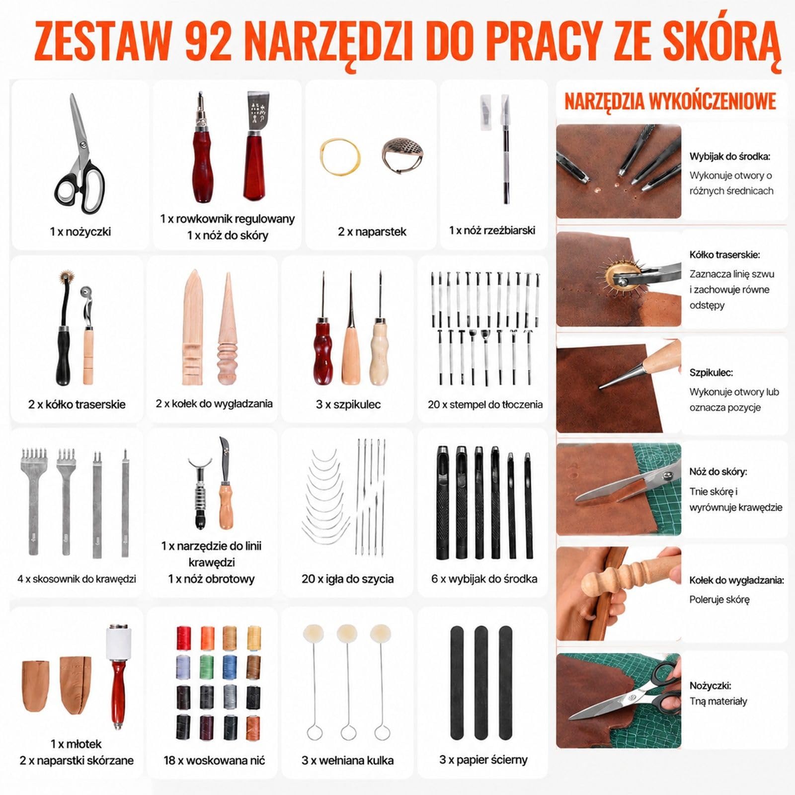 Zestaw narzędzi do obróbki skóry 92 szt, tłoczenie, dziurkowanie, prace krawieckie