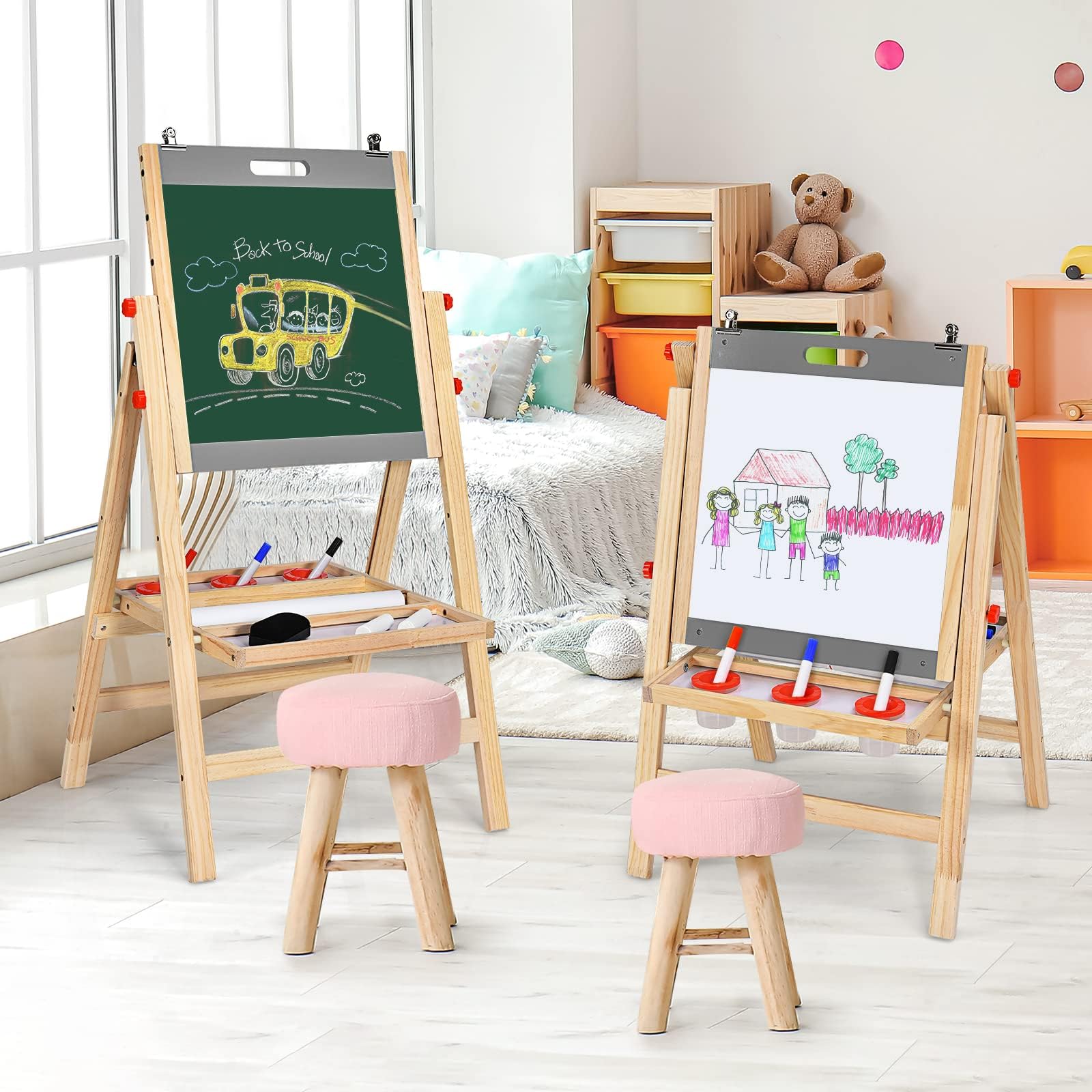 RELAX4LIFE Lavagna Bifacciale con Cavalletto per Bambini, Cavalletto Pieghevole in Legno di Pino con Altezza Regolabile, Lavagna Nera e Bianca Magnetica con Ripiano e Accessori, Cavalletto Portatile