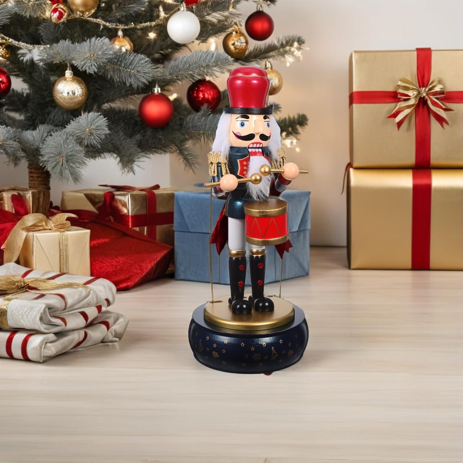 VALICLUD Nutcracker Soldier Music Box Wooden Christmas Nutcracker Figurine Blue Round Base Wind-up Music Box Holiday Home Décor for Living Room