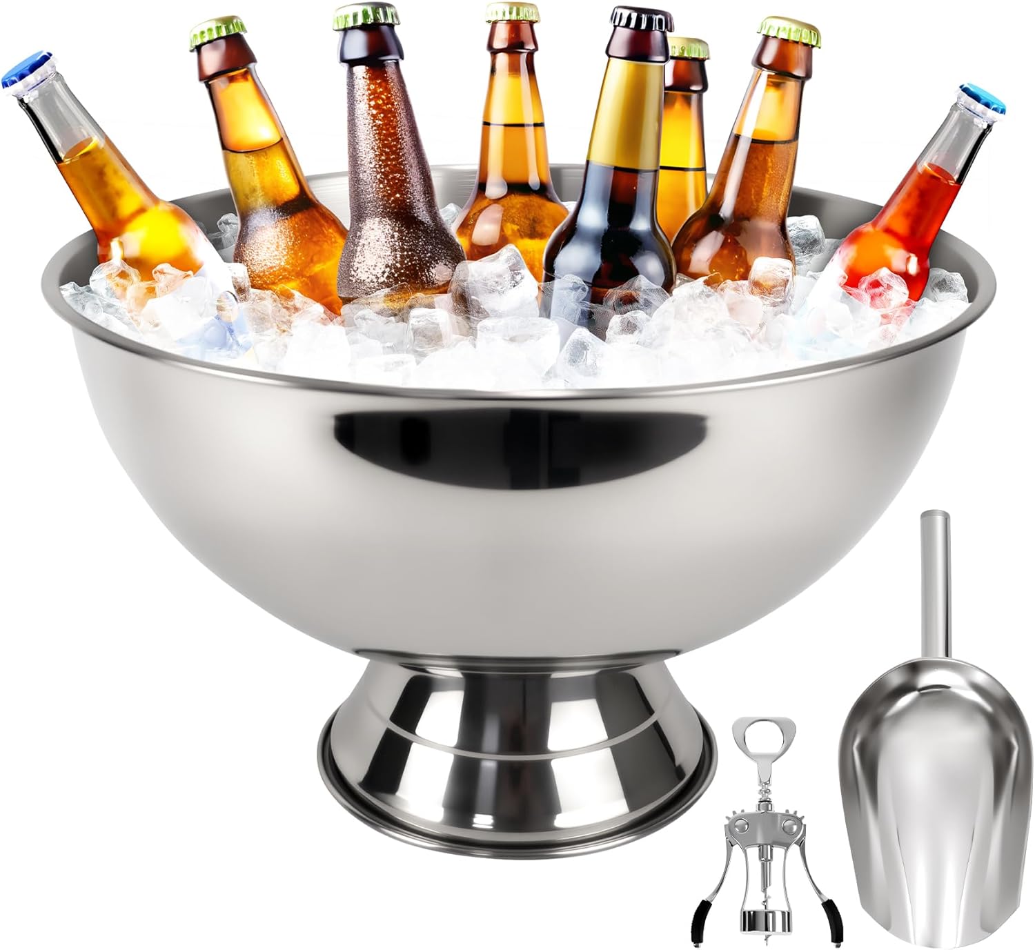 Stainless Steel Champagne Bowl，large Ice Bucket Ice Bow Lice Buckets with Wine Opener and Stainless Steel Scoop for Ice, Silver Champagne Bucket for Parties, Cocktail Bar(Silver)
