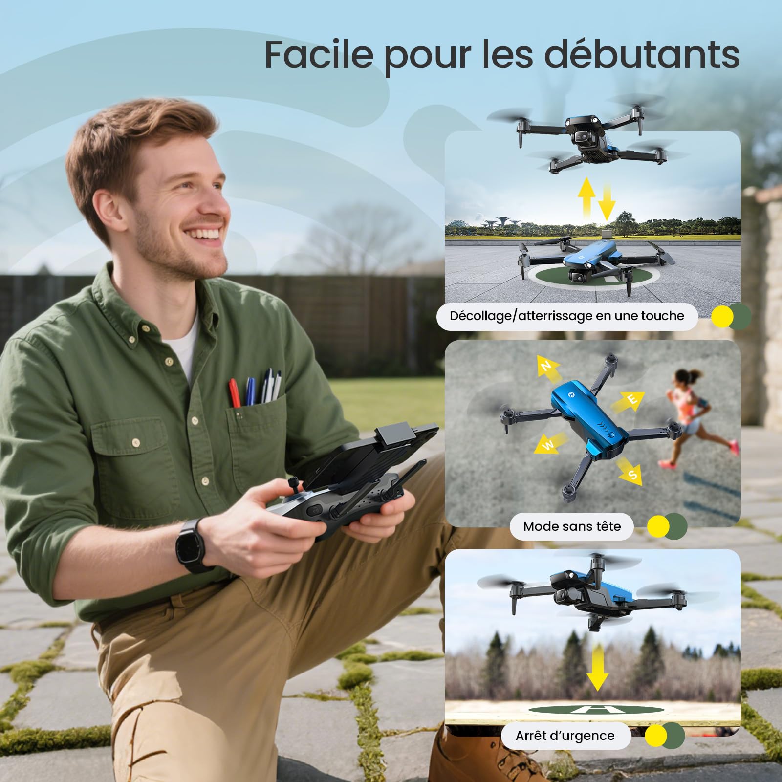 Holy Stone HS290 Dron Plegable con Cámara HD 1080P para Principiantes, Cuadricóptero RC con Flujo óptico, Control por app, Tap Fly, 3 Modos de Velocidad, 2 Baterías, Regalo para Niños y Niñas, Azul