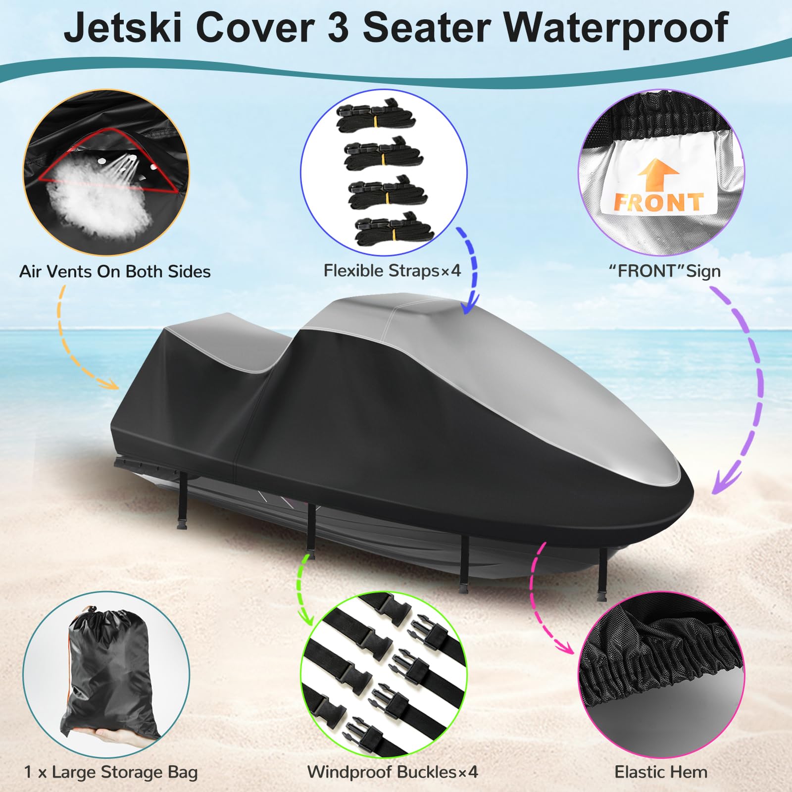 Jetski, telo di copertura impermeabile, 420D, rivestimento in nanosilber, resistente ai raggi UV, accessorio universale Jetski con 2 aperture di ventilazione, strisce impermeabili (argento nero, XXL