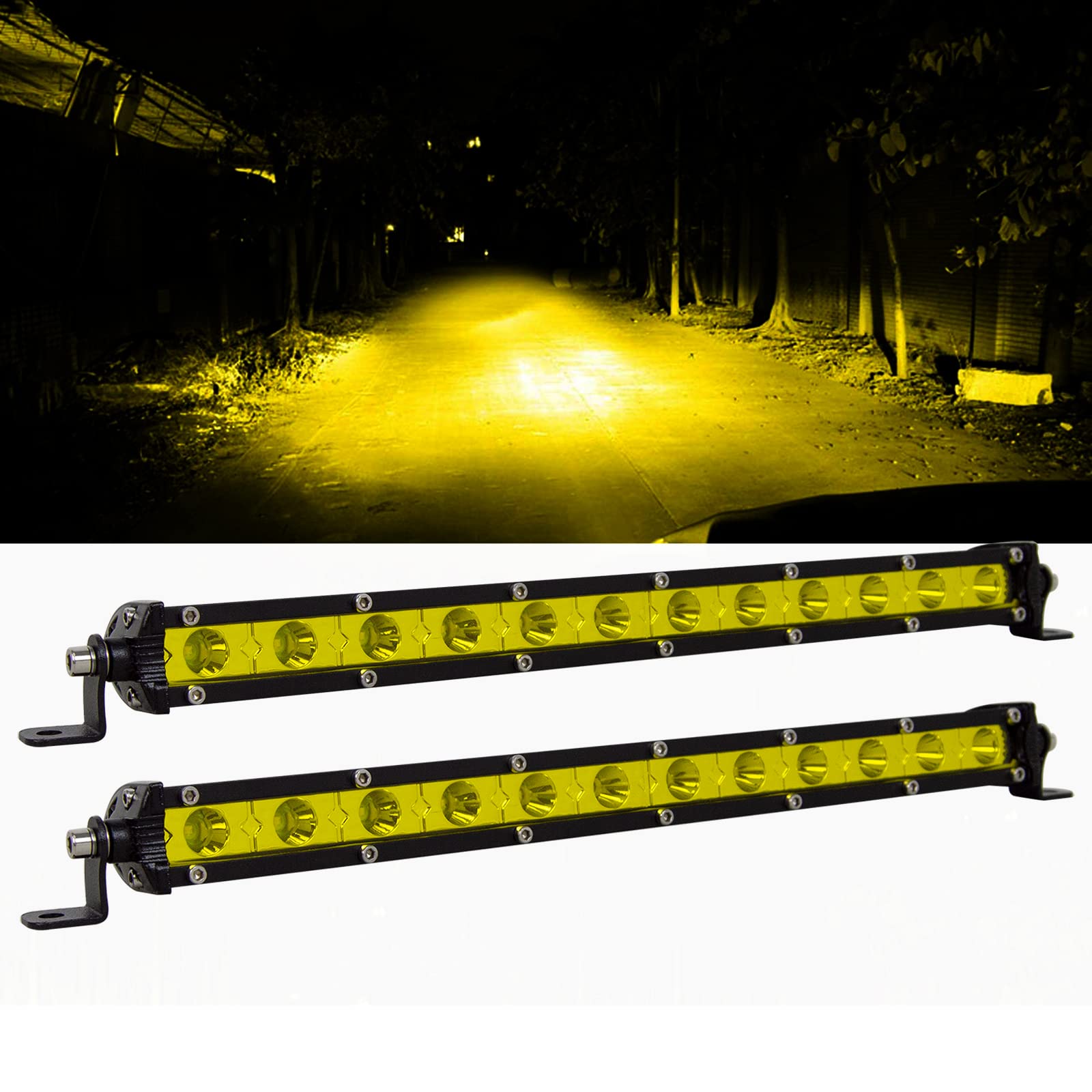 RIGIDON 2 szt. żółty bursztynowy samochód LED listwa świetlna, 33 cali 60 W wiązka punktowa jednorzędowa Wieczerz Cienkie światła LED, 12 V 24 V do samochodów terenowych SUV UTE ATV 4 x 4, wodoodporna lampa robocza do jazdy, 3000 K biała lampa przeciwmgie