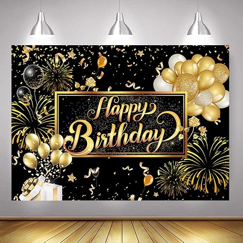 Miniatura 4 de Younger Land Telón de fondo de feliz cumpleaños negro y dorado para mujeres, hombres, niños, niñas y niños, 7 x 5 pies, poliéster, rosa dorada,