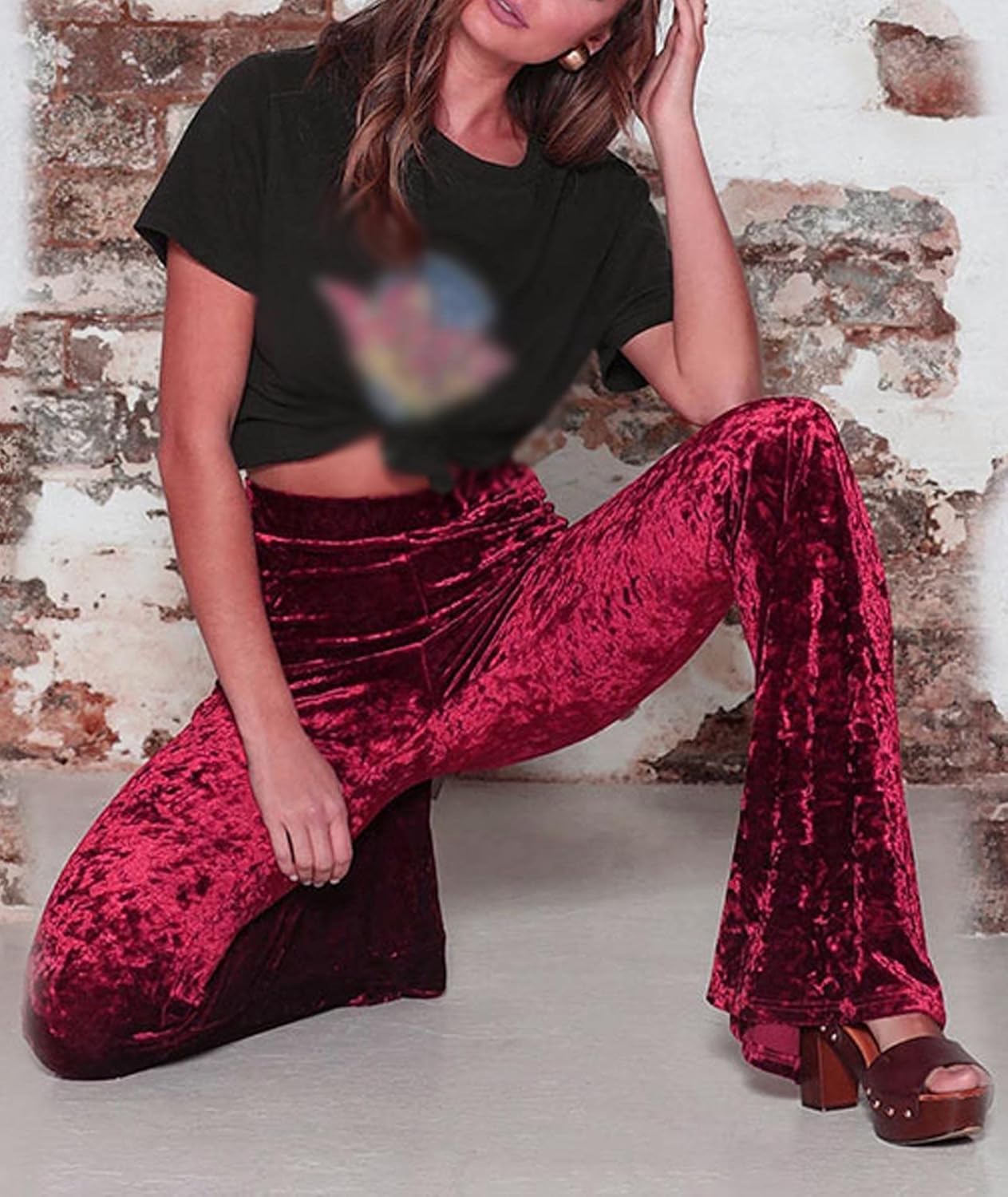 SEMATOMALA Women's Crushed Velvet Straight Wide Leg Pants Flare High Waisted Palazzo Bell Bottom Yoga Streetwear Trousers - Image 5