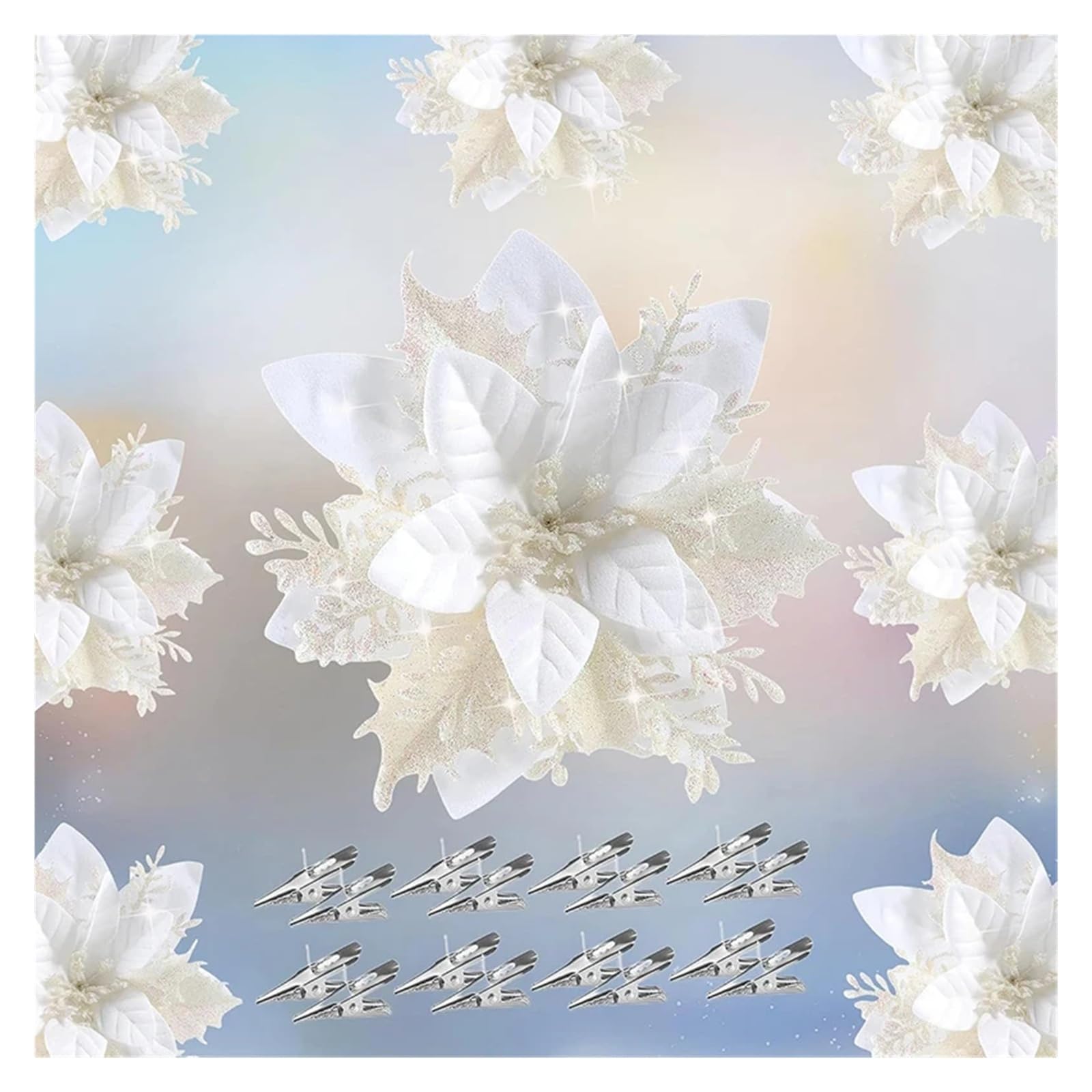 FDBTYJN Fabric Flowers 2/5Pcs 14cm Glitter Artifical Flowers Mreey Tree Decor Happy Year Ornaments Xmas Fake Natal(White,5Pcs)