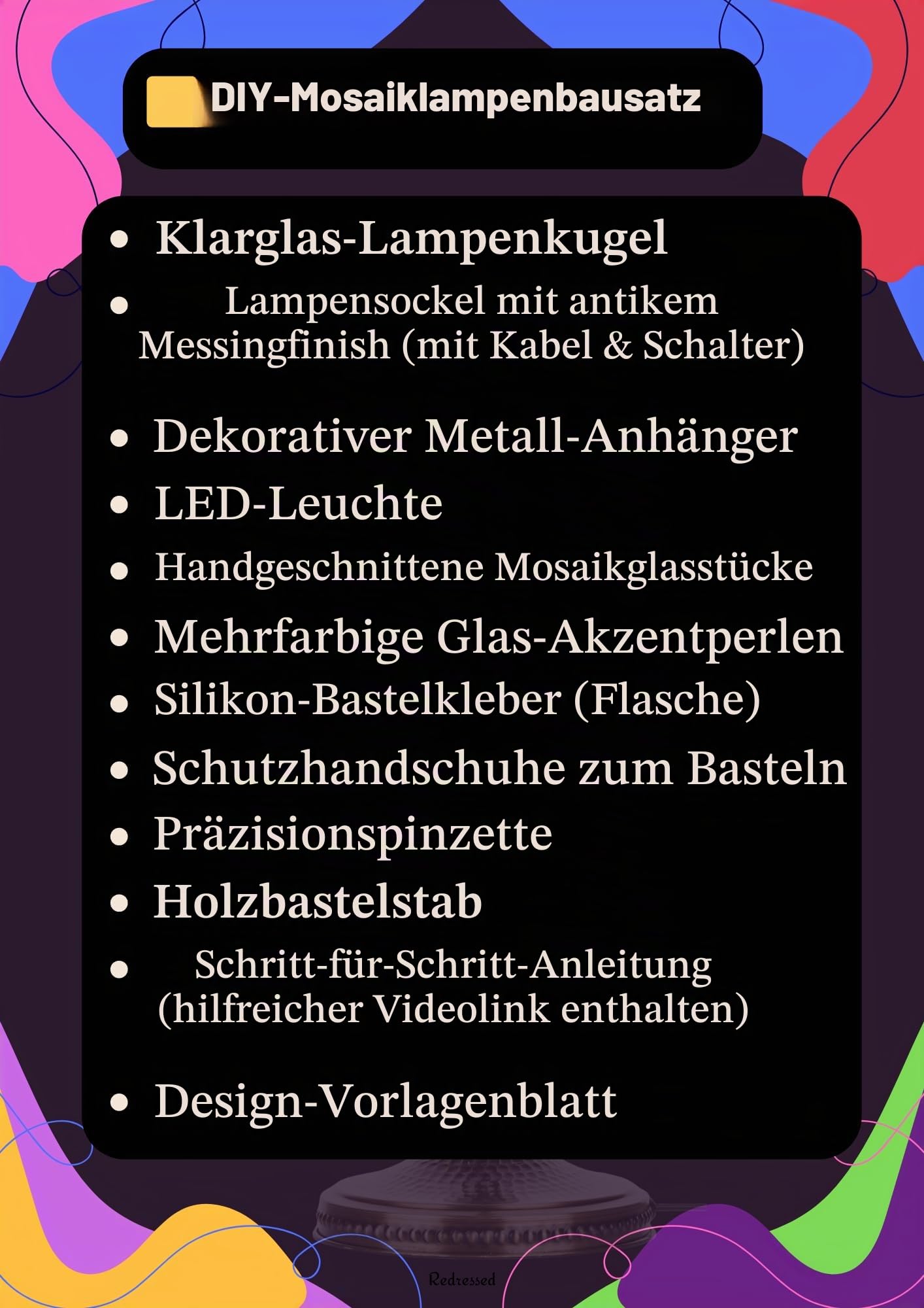 DEMMEX Farbe Wählbar – DIY Mosaik-Tischlampe Bastelset – Türkisch-Marokkanischer Stil – Gestalten Sie Ihre eigene Lampe mit Glassteinen & Werkzeug, Kein Verfugen nötig