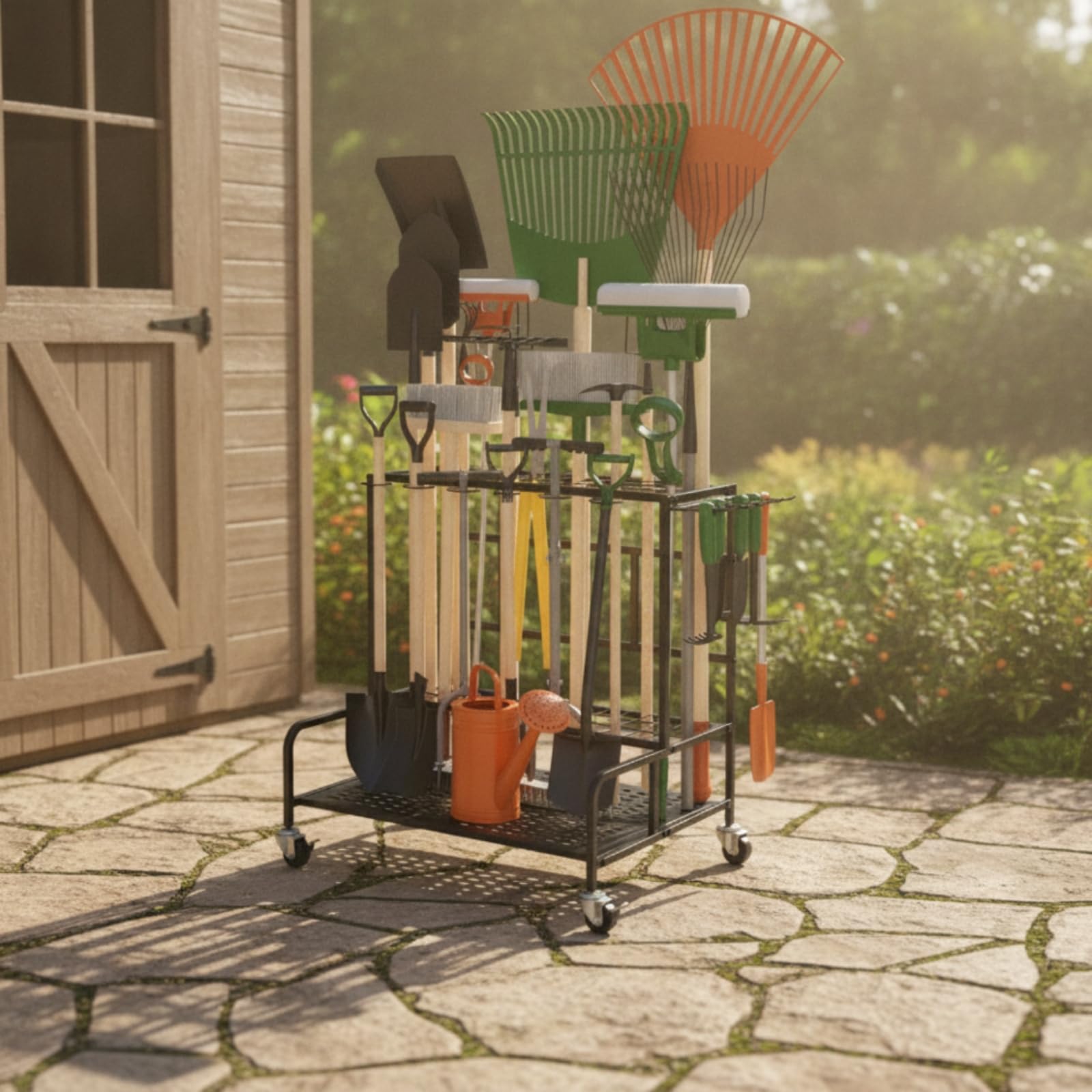 Organizador Herramientas Jardín con Ruedas Móvil Organizador Herramientas Jardín Estable Estantería para Aficionados Al Bricolaje, Garaje