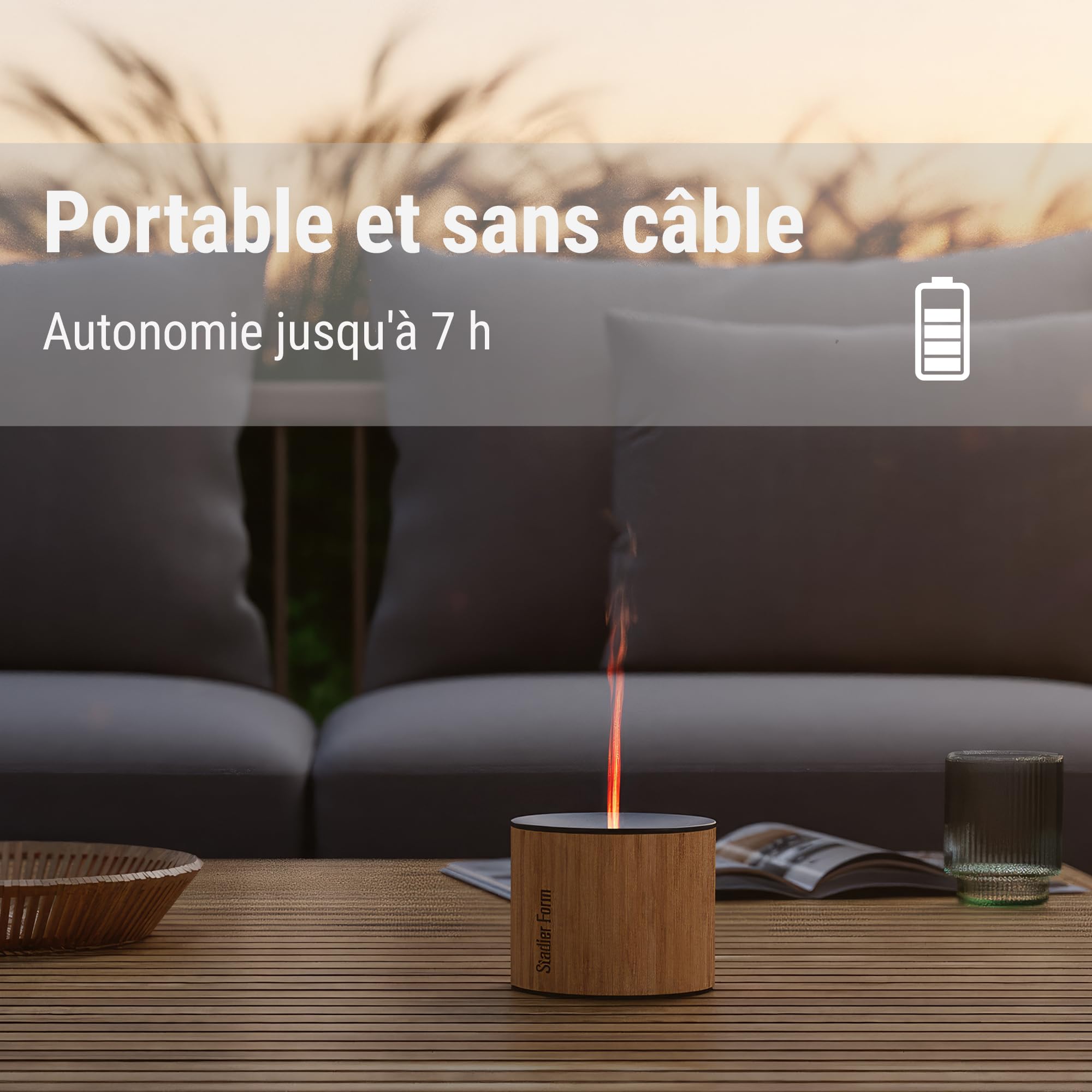 Stadler Form diffuseur d’arômes Nora, sans Fil, pour huiles essentielles | Jusqu’à 7 h d’autonomie, en aluminium et en bambou naturel, pour l’intérieur et l’extérieur, effet de flammes