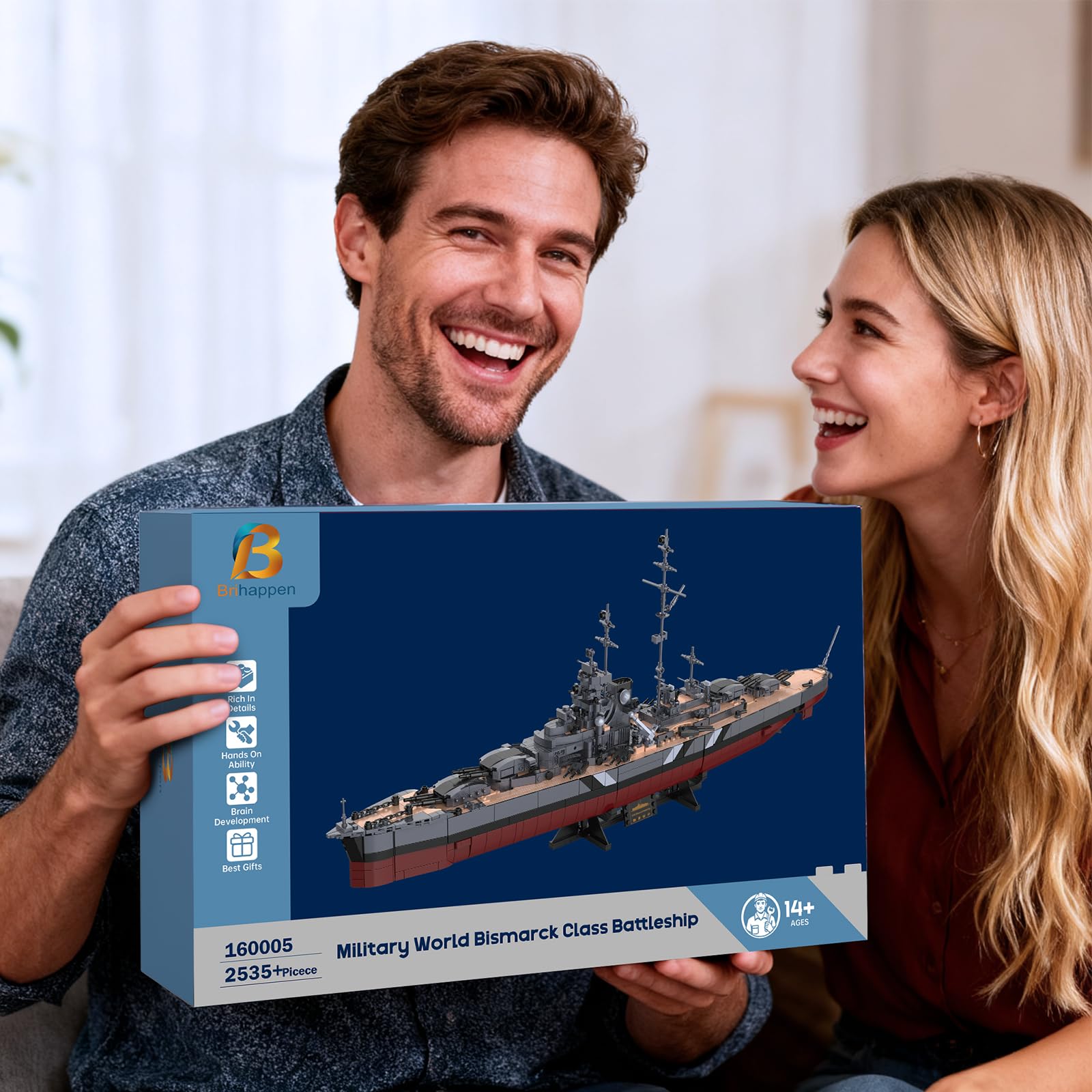 Brihappen Zweiten Weltkrieg Schlachtschiff Bausatz Set, Deutsche Kriegsschiff Bismarck Bausteine Set für Erwachsene und Jugendliche ab 14 Jahren, Militär-Themen-Bausatz als Geschenk（2535 Stück）