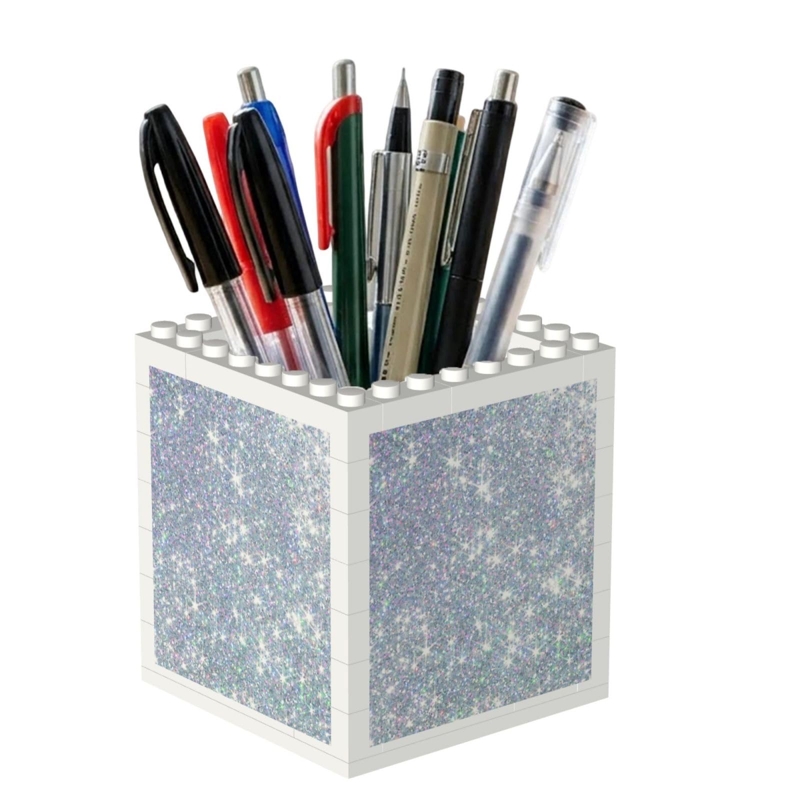 Poadnly Bling Silver Printed Glitter, Pen Pot Pencil Holder for Office Home School, Compact Desk Organiser for Office Stationery