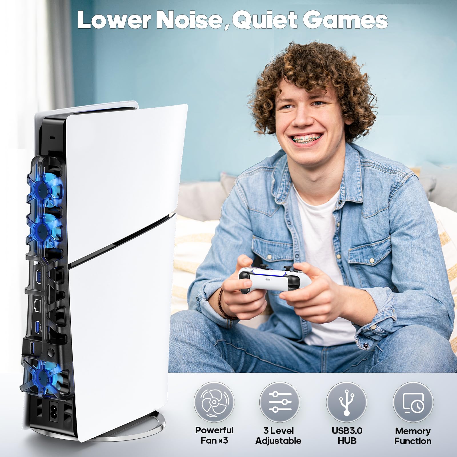 Tokluck PS5 Ventilador de Refrigeración para PS5 Slim Disc & Digital Consola, Ventilador para PS5 de 3 Velocidades con Función de Memoria y USB3.0 HUB, Refrigeración para PS5 con Luz Ambiental