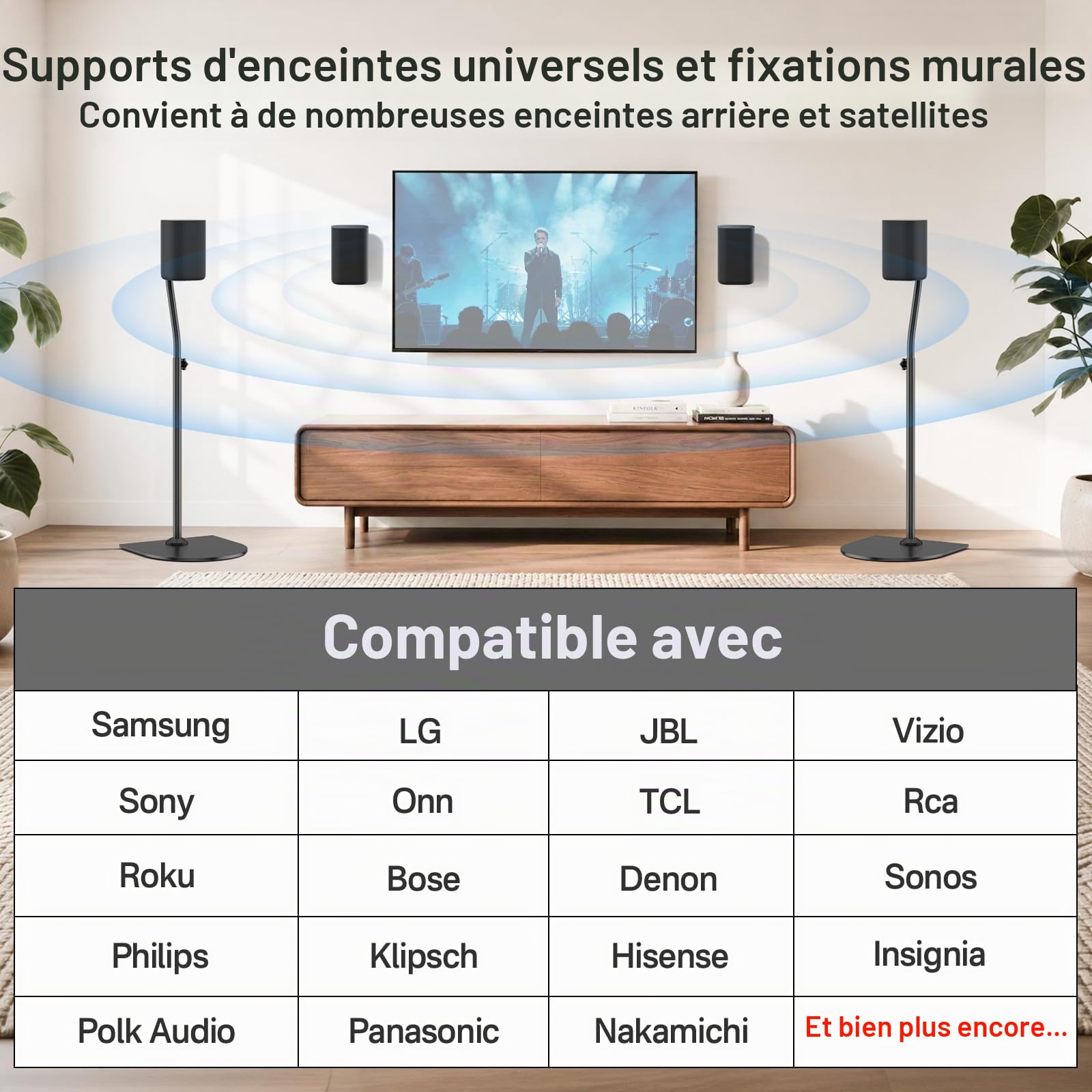 Paire de Pieds d’Enceinte universels, réglables en Hauteur de 84 à 106 cm, avec Fixation Murale pour Les Enceintes arrière et Les Enceintes Surround pour Samsung, Vizio, Bose, LG, Roku